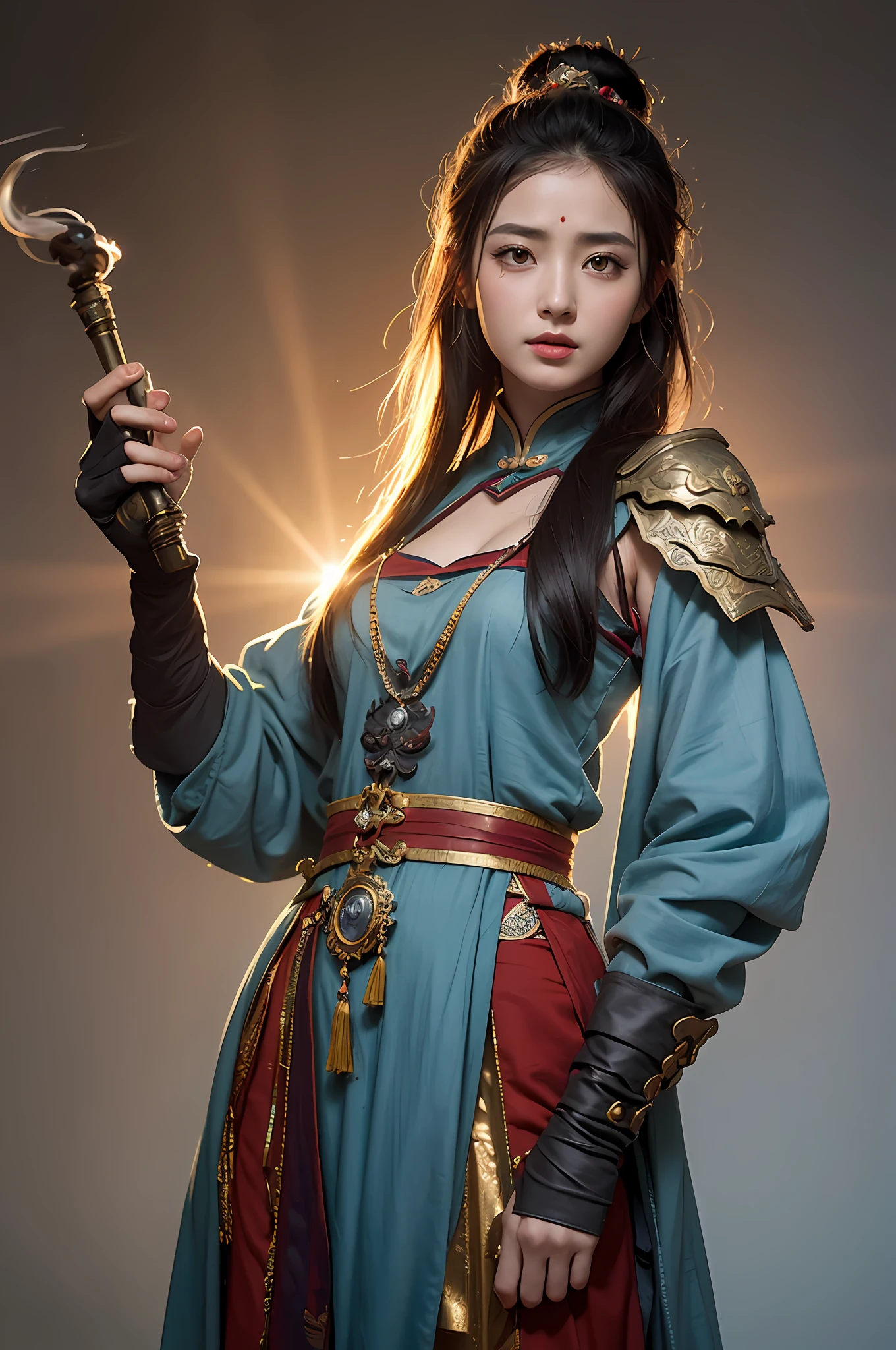 1girl, Dunhuang Flying Apsaras costume, messy long hair, Ji Jian, Dunhuang style, a lot of smoke, superb, elegant colors, (realistic, high detail, masterpiece, super detailed, dynamic angle, mural background, ink wash, amazing, movie lighting, illustration, chiaroscuro, backlighting, god rays, holland, best quality, best quality --auto --s2
