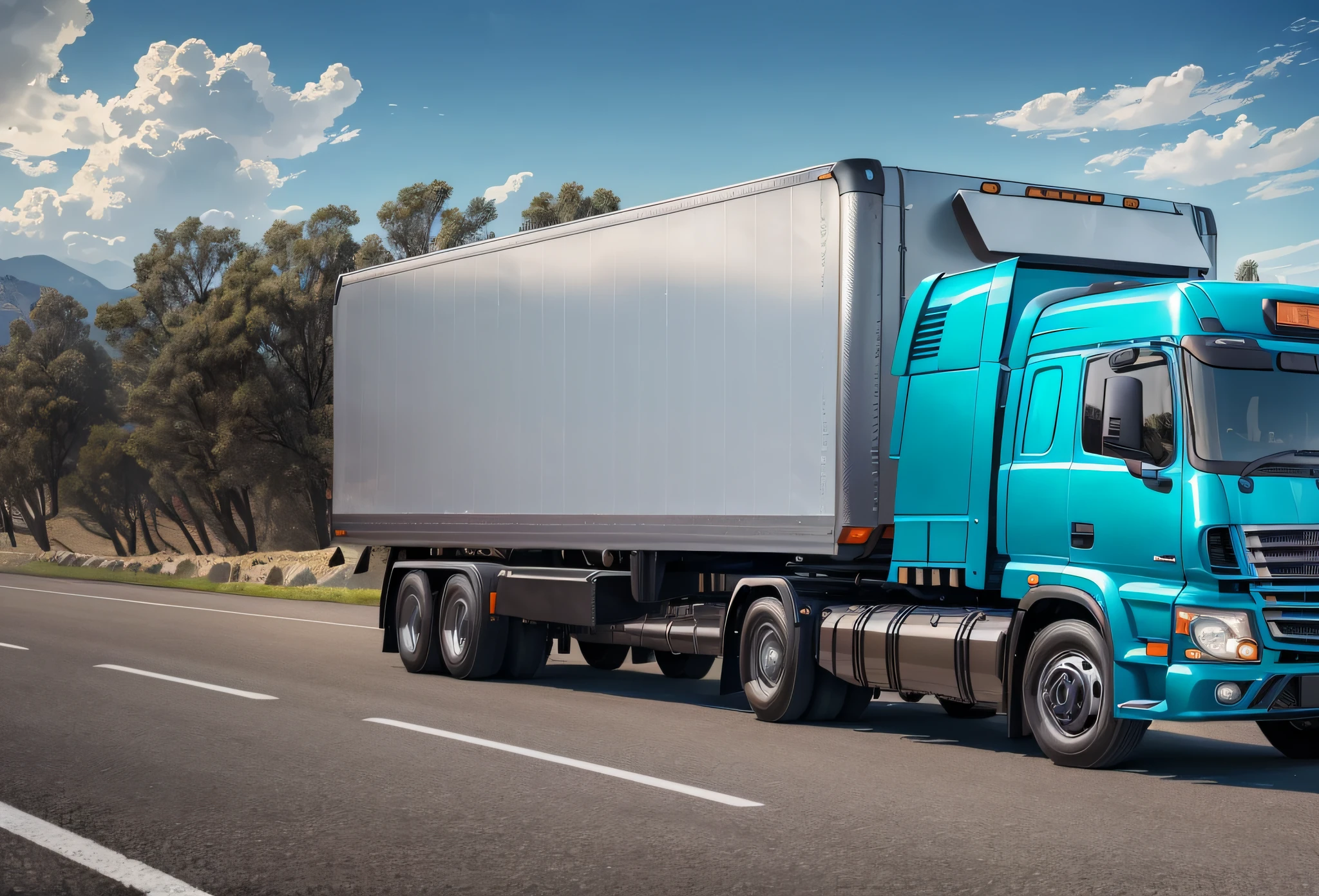 (8k, highest quality, best quality, highly detailed, realistic, cinematic HD, contrast) Mercedes 1620 truck with blue cab and black sider on the road --auto --s2