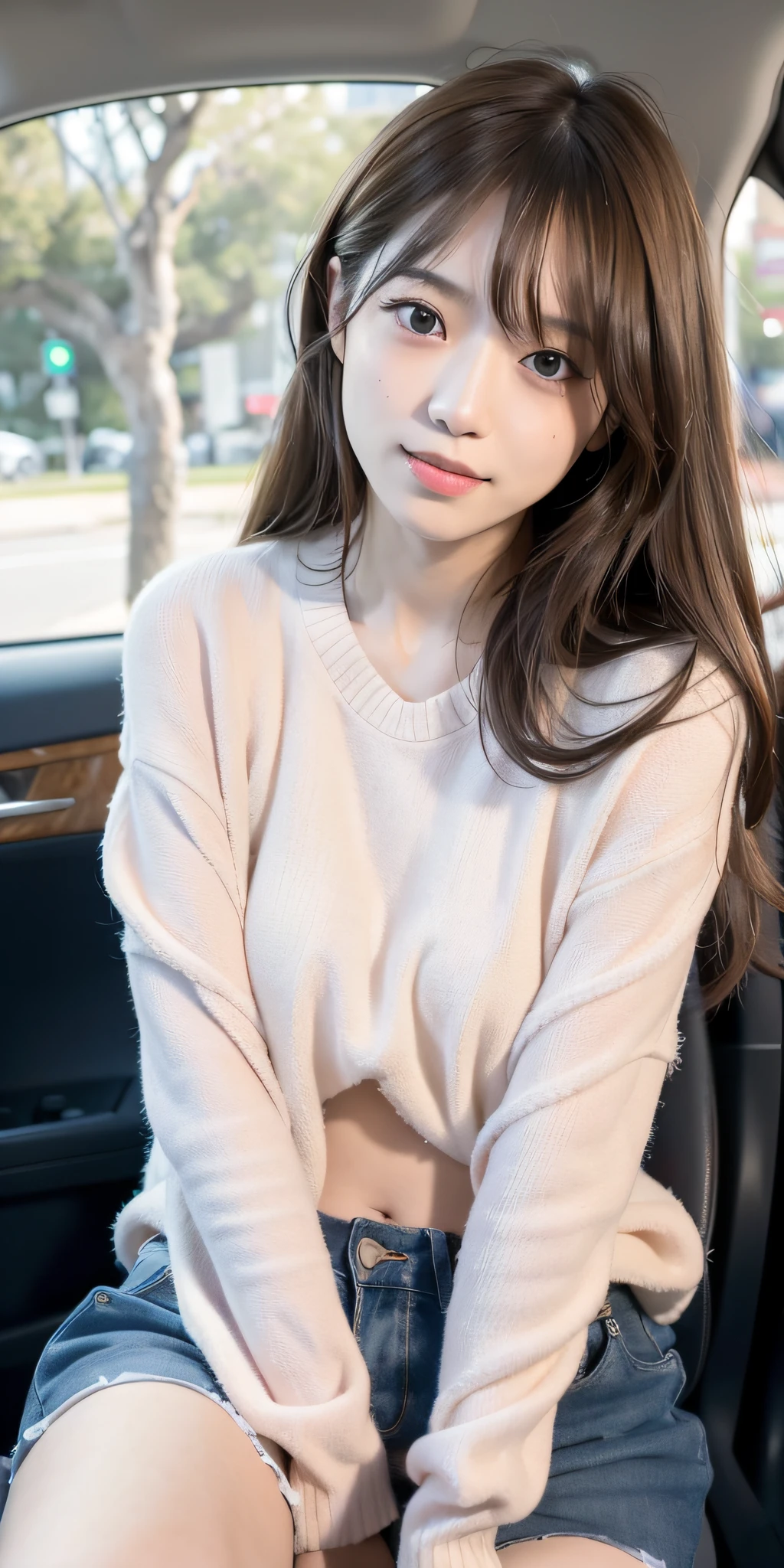 mix4, 20d, Solo, long_hair, Nanase Nishino, Haruka Kaki, In the car, Passenger, Sitting, (8K, RAW photography, best quality, masterpiece:1.2), (Realistic, Photorealistic:1.37), Professional Lighting, Photon mapping, Radiosity, Physically Based Rendering