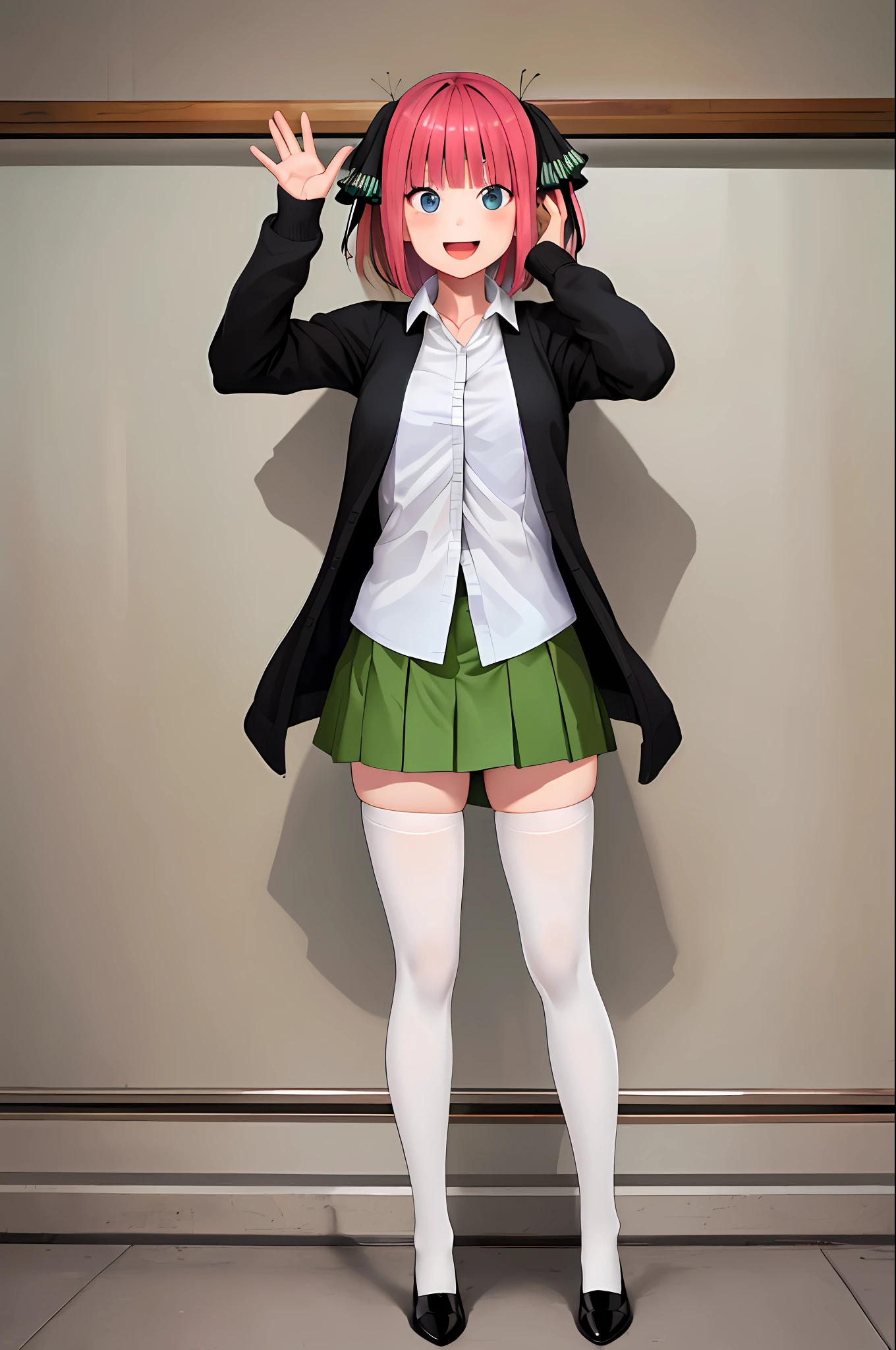 masterpiece, best quality, highres, nn1, 1girl, hair ribbon, short hair, green skirt, white shirt, black cardigan, open clothes, white thighhighs, long sleeves, cowboy shot, standing, waving, full body, (stocking), smile, open mouth, looking in to viewer, sexy pose, hands behind,