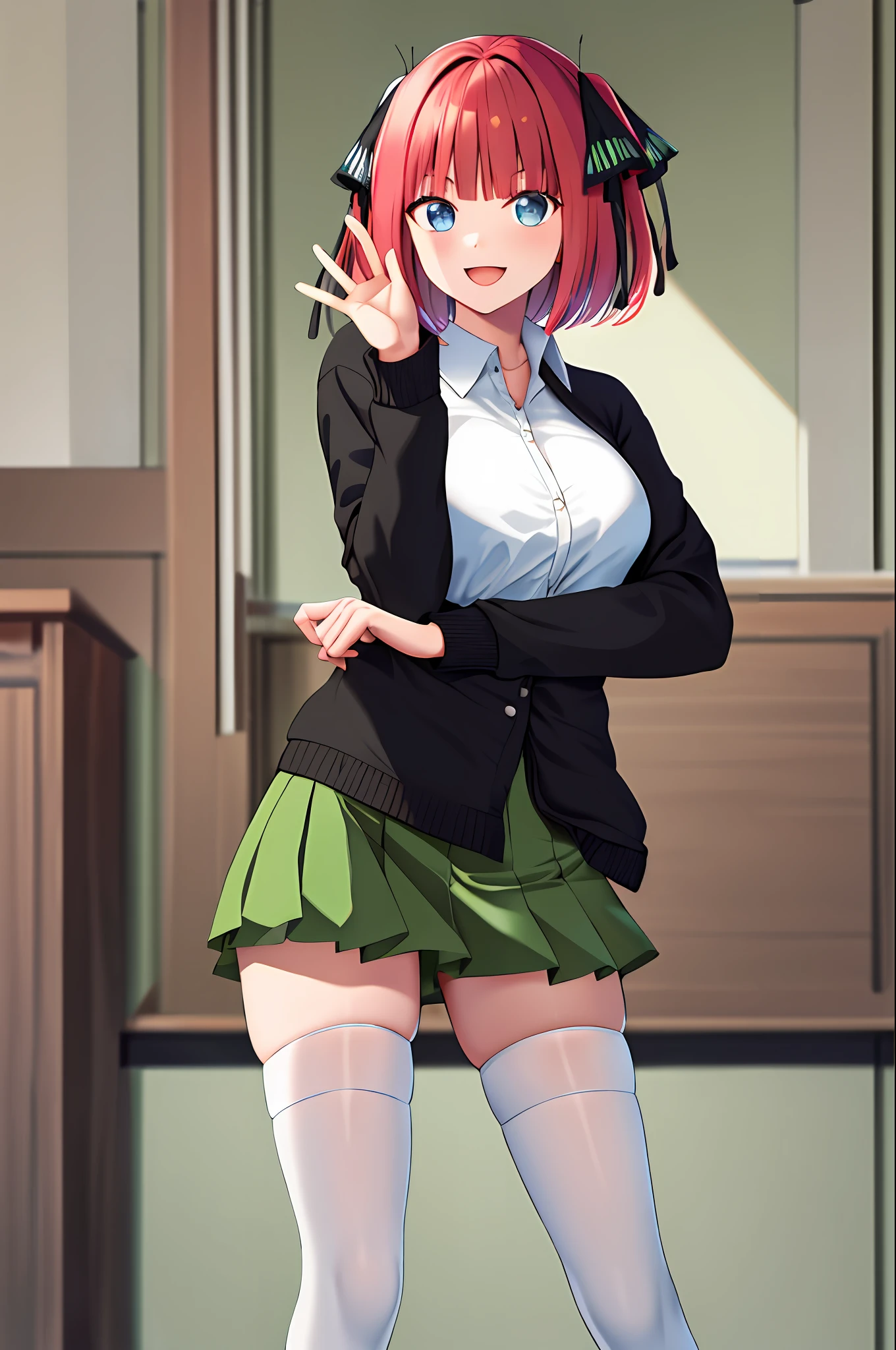 masterpiece, best quality, highres, nn1, 1girl, hair ribbon, short hair, green skirt, white shirt, black cardigan, open clothes, white thighhighs, long sleeves, cowboy shot, standing, waving, full body, (stocking), smile, open mouth, looking in to viewer, sexy pose, hands behind,