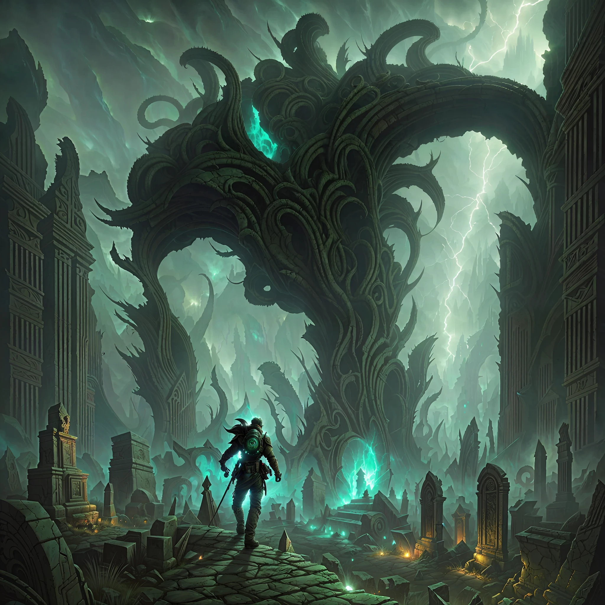 Scenario of horror, dark valley with abyss, digital illustration, overdetailed, uhd, biomorphic ruins and an biomechanical cemetery as background, around Strong shadows, green art by Dan Seagrave