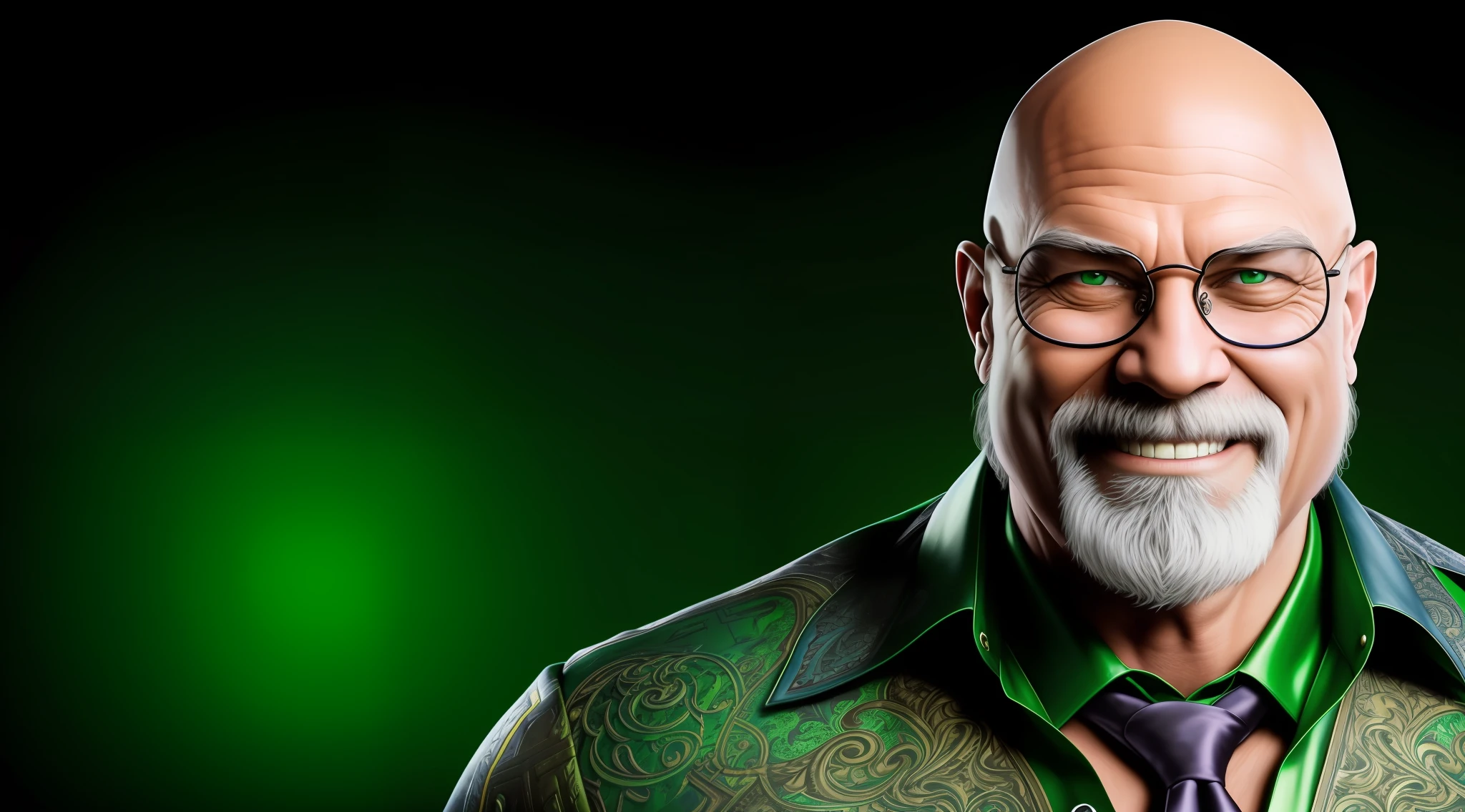A portrait of a smiling, toxic, muscular, God, Elder, (HDR:1.28), bald, wearing prescription glasses and wearing black, hyper-detailed, cinematic dress shirt, warm lights, complex details, hyperrealistic, green background, (soft colors:1.38), (neutral colors:1.2), with dark brown eyes, without many expression marks