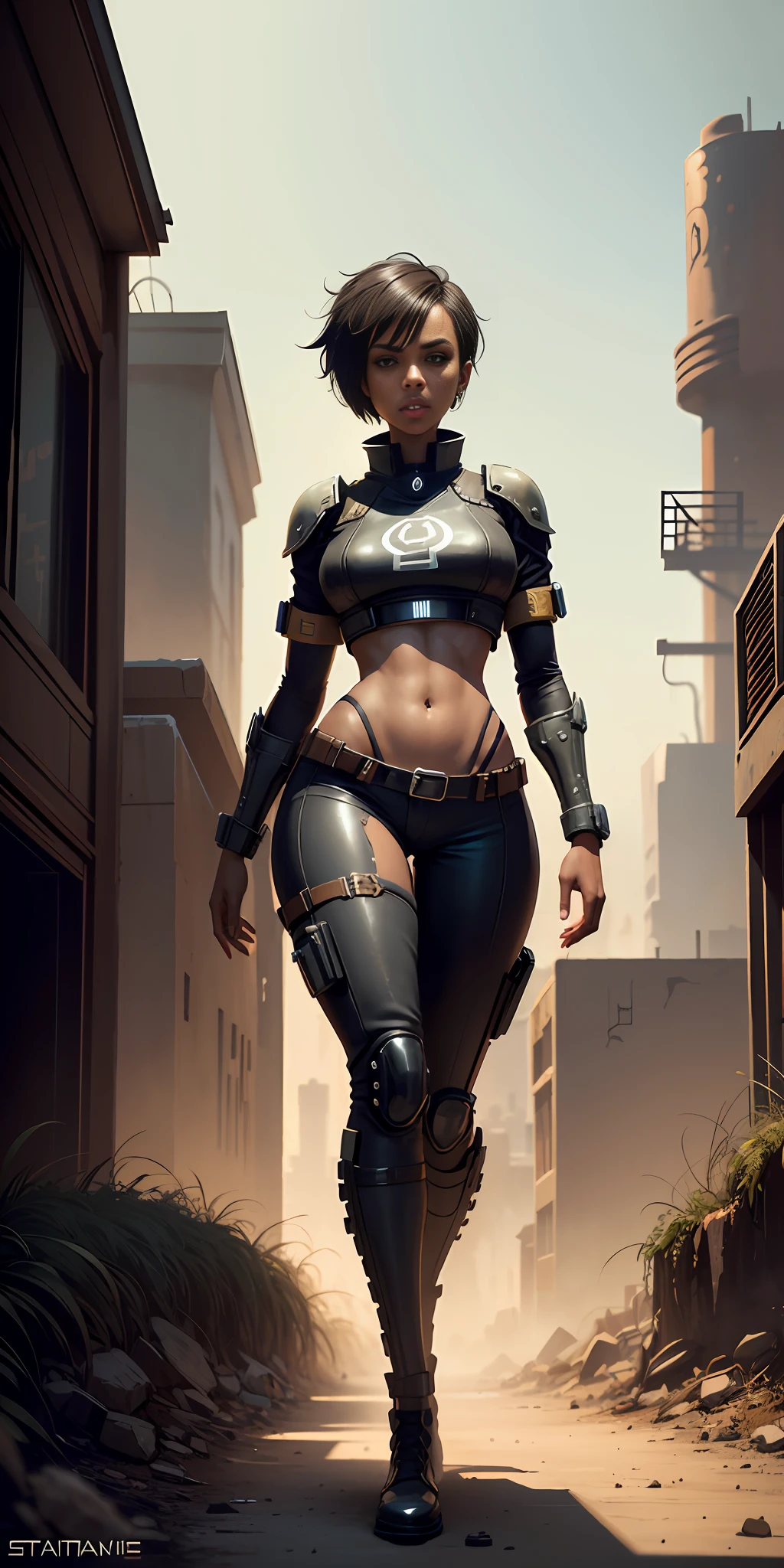sad eyes, ArtStation, (black woman, navel, groin, symmetrical eyes, slender body), ((character from the game fallout new vegas, wearing a Merc charmer outfit)), proportional body, rim light, from_side, walking through the ruins, cyberpunk, golden ratio, 4k, digital painting
