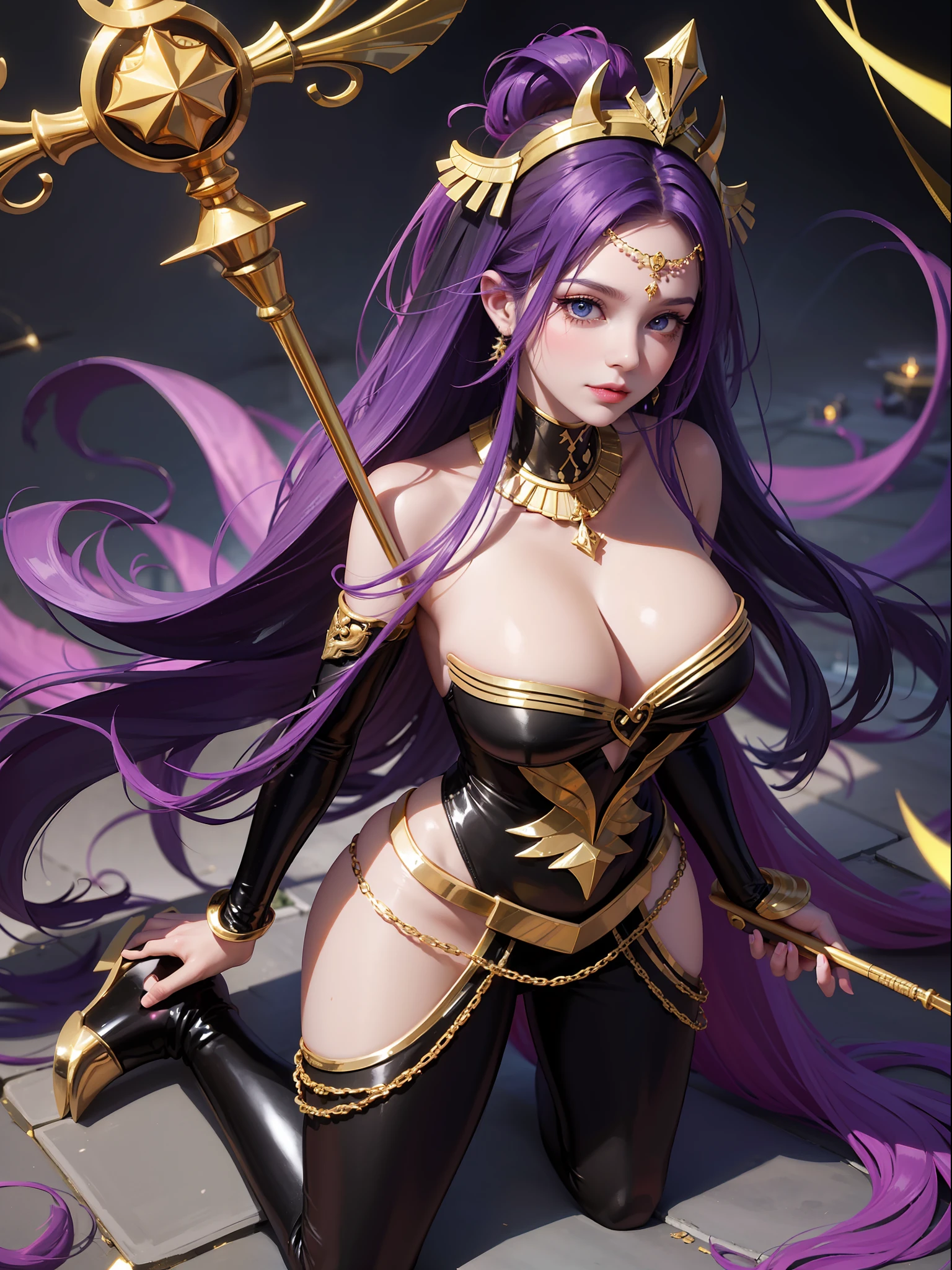 ((Full body photo)), Saria has large breasts, emo on her head, black color with golden parts/futuristic Egyptian costume, Egyptian necklace on her neck, extremely tight on her body, she is inside a pyramid in front of an altar with a giant statuette of pure gold, she has purple hair, blue eyes, she has her hands closed,  holding a pure gold scepter,is looking at the viewer, smiling, face with red cheek, light makeup on face, Futurism, 16k, UHD, retina, masterpiece, ccurate, anatomically correct, best quality, high quality, textured skin