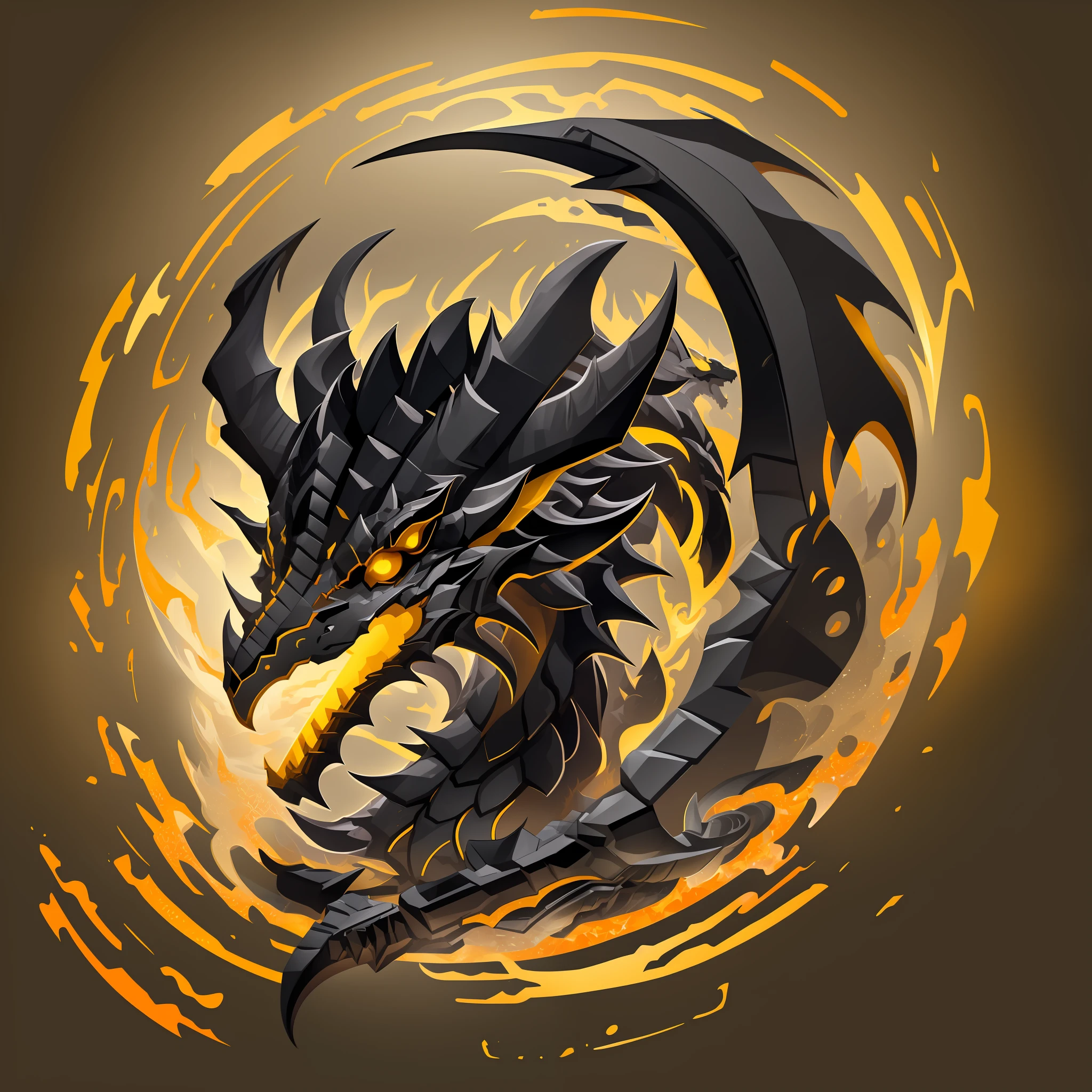 A vector of a dragon's head with two horns, isometric view, simple, beautiful, sharp outline, black and yellow palette, placed inside a circular background