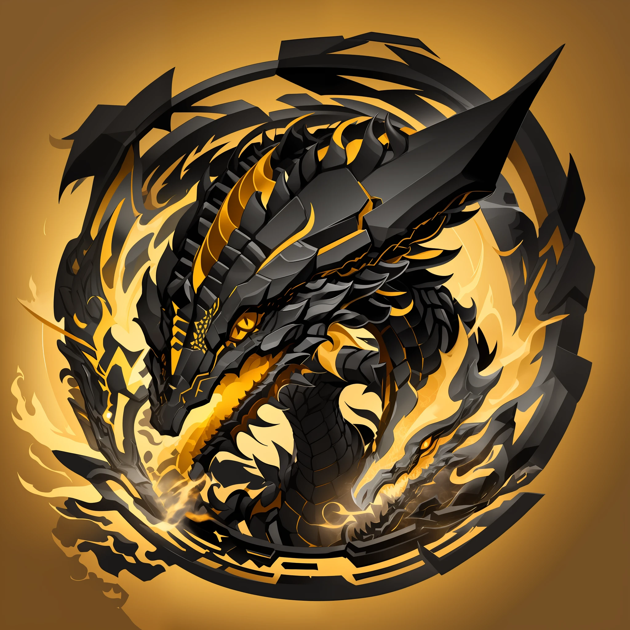 A vector of a dragon's head with two horns, isometric view, simple, beautiful, sharp outline, black and yellow palette, placed inside a circular background