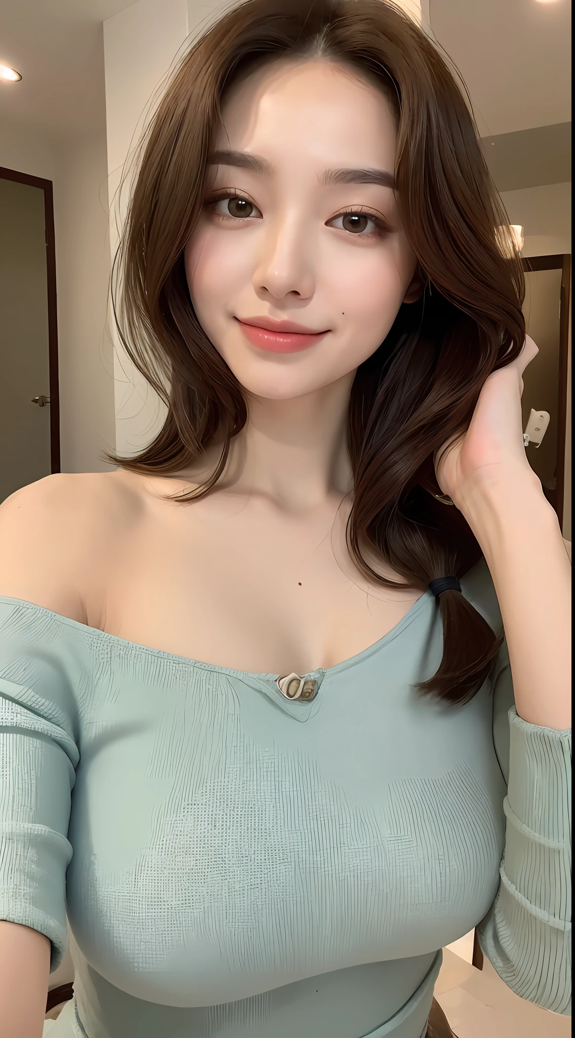 ((Best Quality, 8K, Masterpiece: 1.3)), 1girl, Slim Abs Beauty: 1.3, (Hairstyle Casual, Big Breasts: 1.2), Dress: 1.1, Super Fine Face, Delicate Eyes, Double Eyelids, Smile, Home