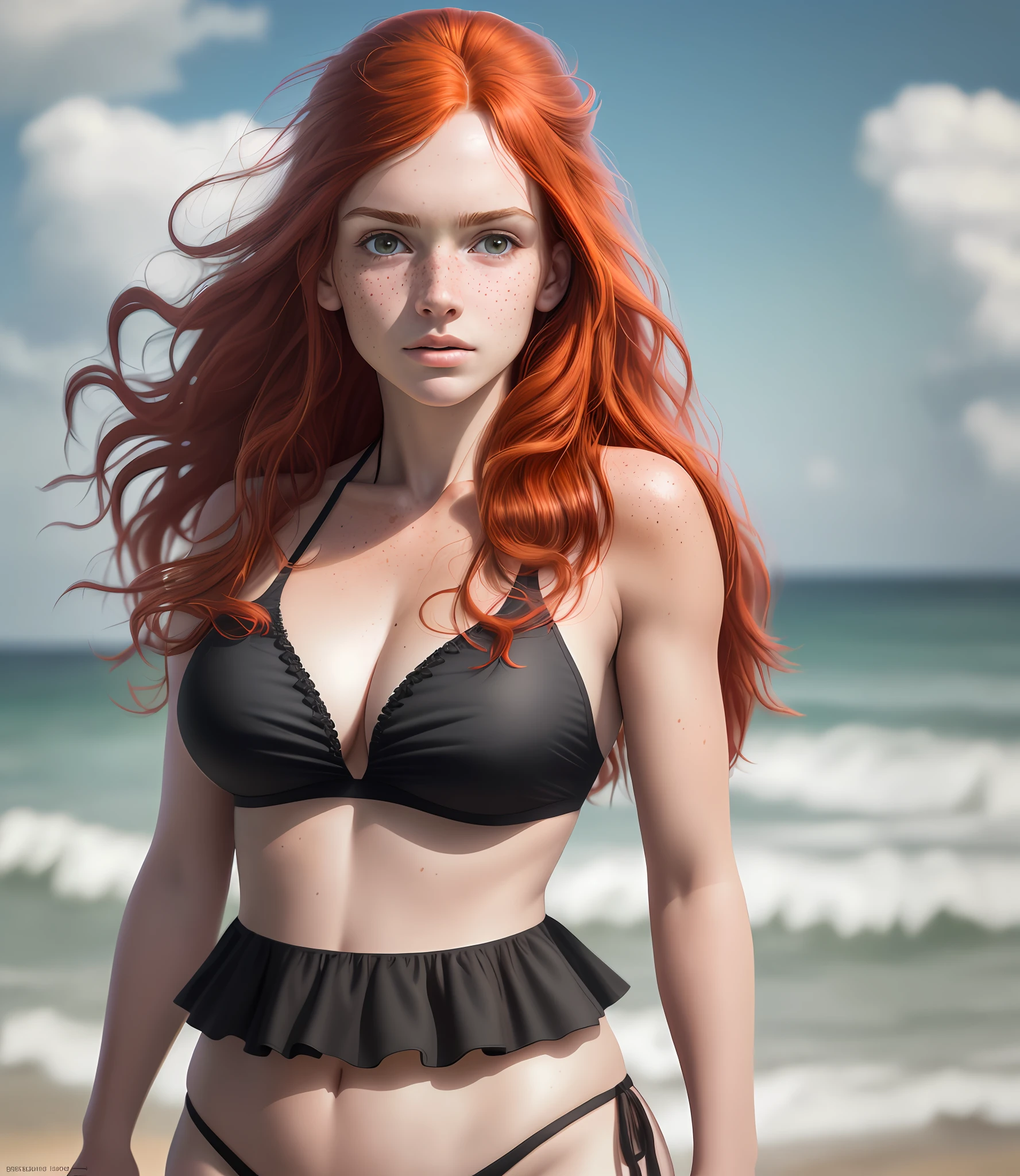 [:(Detailed face:1.2):0.2], raw photo, (masterpiece), (best quality), high resolution, (realistic, photorealistic:1.2), ultra detailed, physically-based rendering, 1girl, freckles, large breasts, upper body, air bangs, long hair, ((red hair)), wavy hair, bare shoulders, black bikini, seaside, realistic sky, realistic skin, realistic background, big sun,
