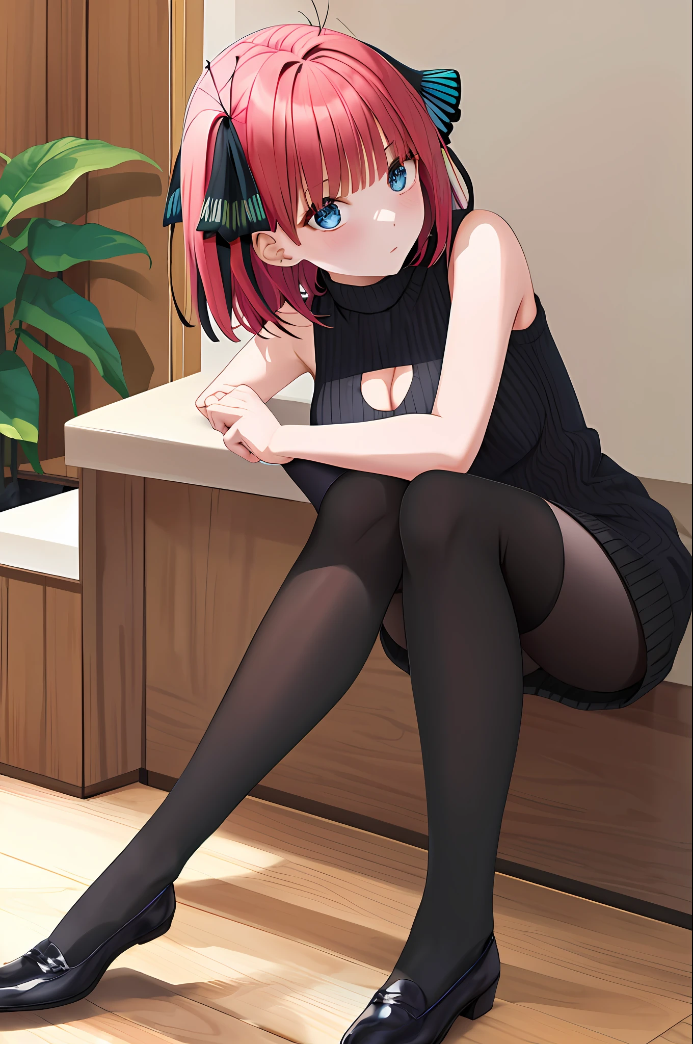 masterpiece, best quality, highres, nn1,1girl, hair ribbon, short hair, sitting, indoors, turtleneck sweater, sweater dress, sleeveless, cleavage cutout, legs, black stocking, looking into viewer,