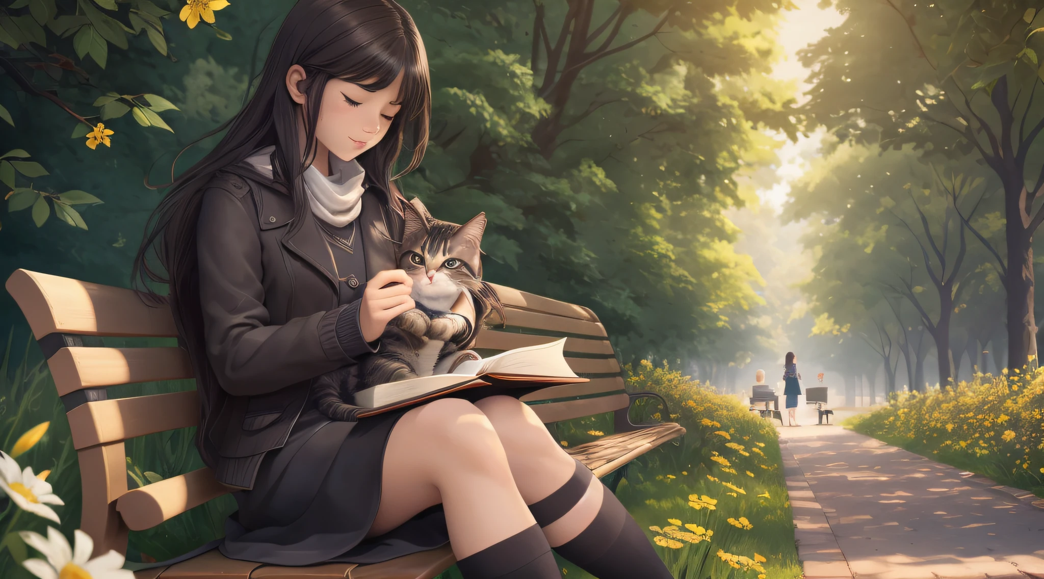 A very charming blind girl in dark clothes sitting on a park bench, reading a book for the blind. One hand should be on the pages of the book. Her cute kitten is sitting next to her. The bank has in the background a lot of nature and yellow flowers, but it should be an urban park. The girl's face should appear. The illustration is a high-definition illustration in 4K resolution, featuring highly detailed facial features and cartoon-style visuals. --auto --s2