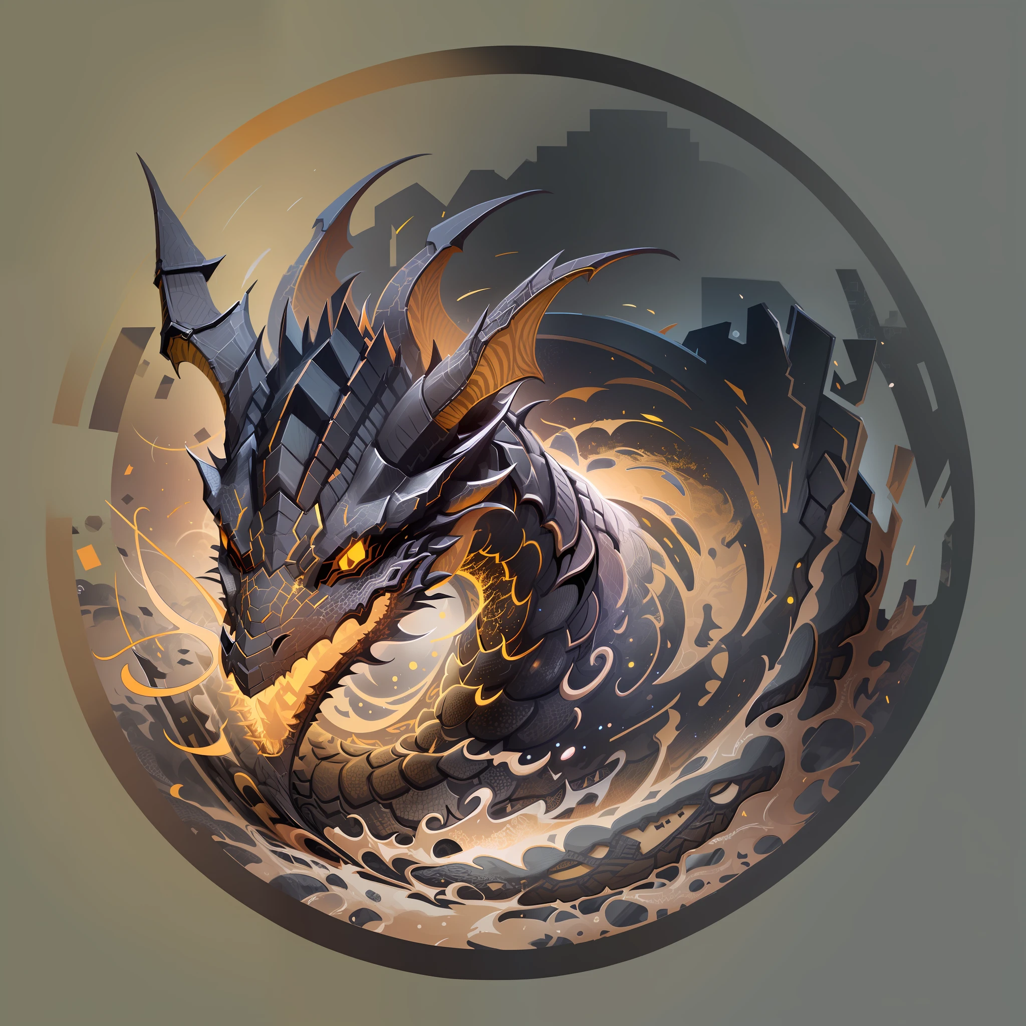 A vector of a dragon's head with two horns, isometric view, simple, beautiful, sharp outline, black and yellow palette, placed inside an outlined circle.