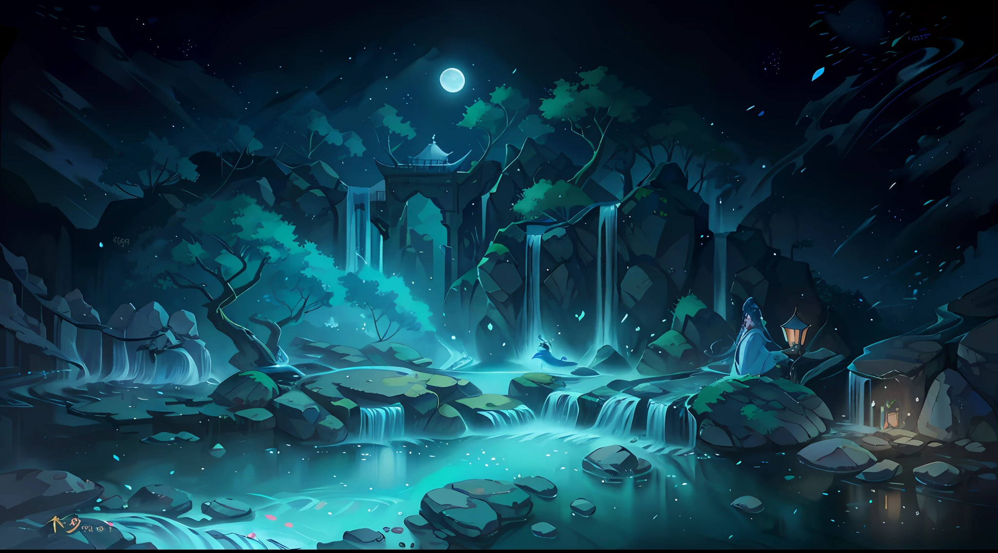 Ancient Chinese architecture, garden, bamboo, lake, stone bridge, rockery, arch, corner, rockery, tree, flowing water, landscape, outdoor, waterfall, meadow, rock, water lily, stream, lotus, moon, night view, hot springs, water vapor, (illustration: 1.0), epic composition, realistic lighting, high-definition detail, masterpiece, best quality, (very detailed CG unified 8k wallpaper), (best quality)