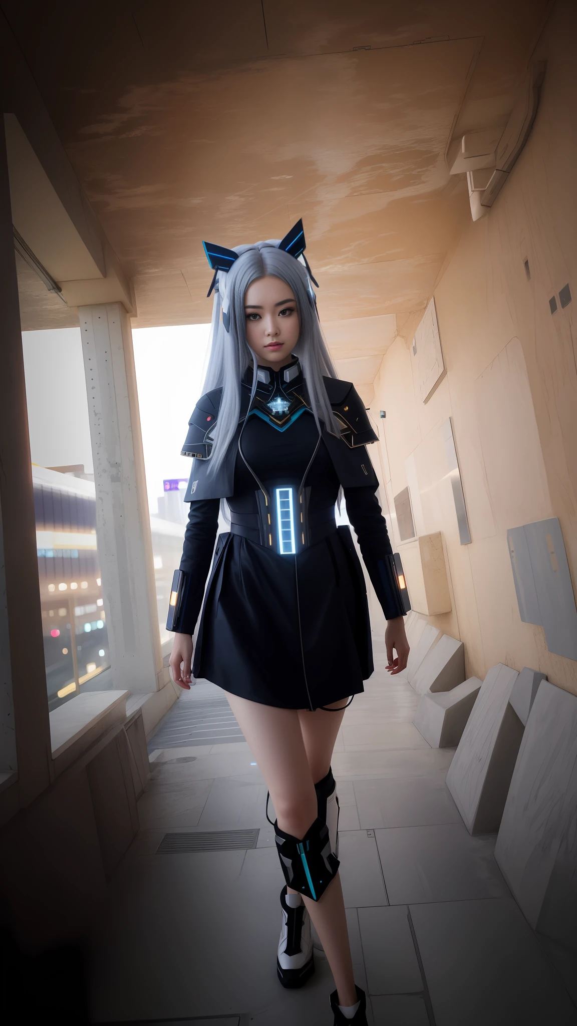 masterpiece, best quality, 4k,  mecha, starry,sky,  star \(sky\), cape,  hair ribbon, slim legs,    long hair, white hair, cyberpunk, depth of field,