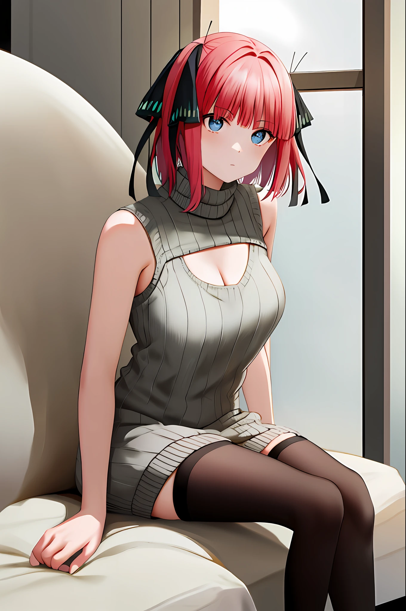 masterpiece, best quality, highres, nn1,1girl, hair ribbon, short hair, sitting, indoors, turtleneck sweater, sweater dress, sleeveless, cleavage cutout, legs, black stocking, looking into viewer,