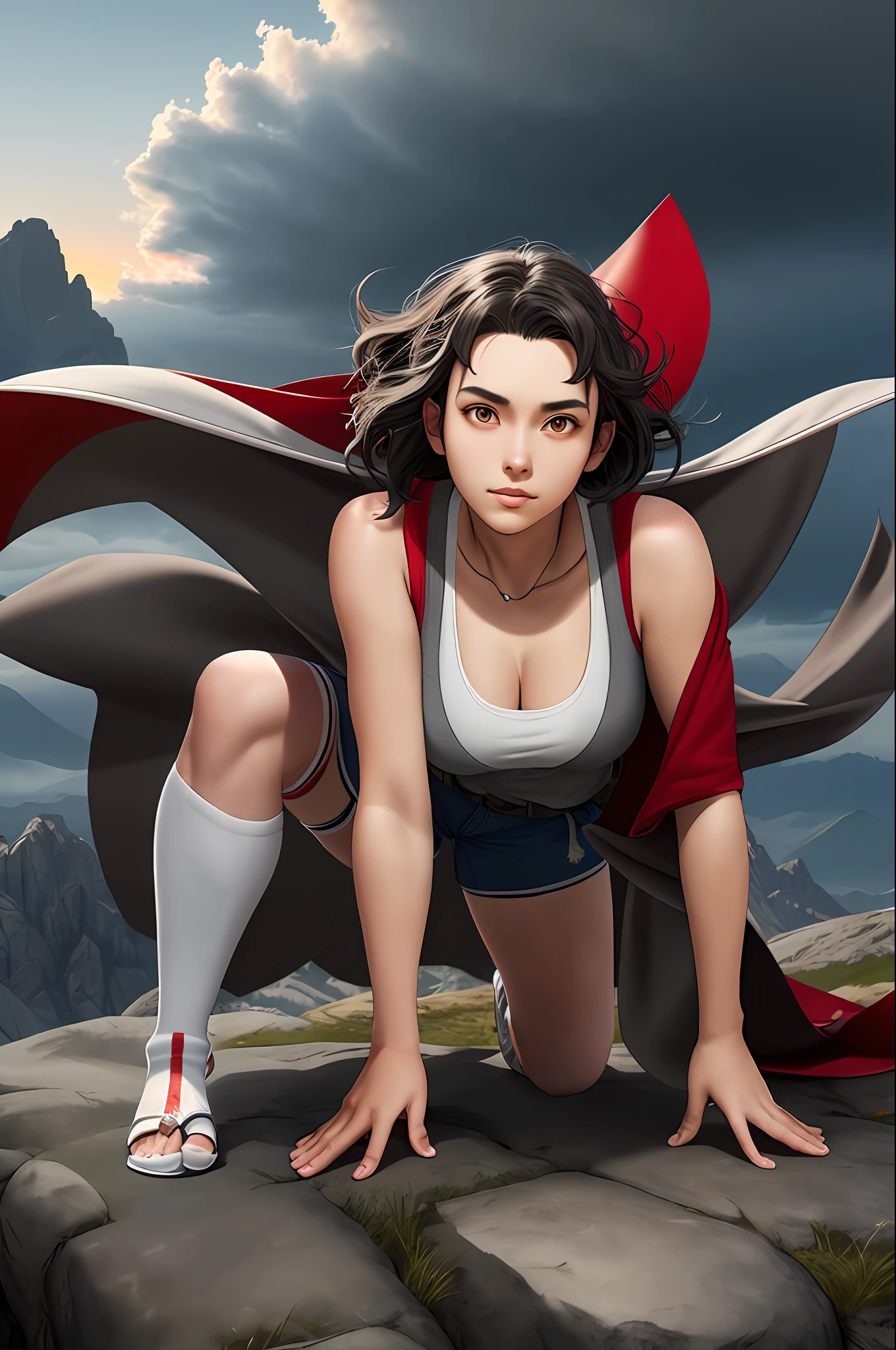 [Pokemon; Lorekeeper Zinnia], ((masterpiece)), ((solo full body portrait)), ((realism style)), ((detailed hair)), ((raytracing)), ((detailed shading)), ((beautiful render art)), {tanned skin woman, small boobs, short black hair, bright red eyes, smug smirk, grey tattered flowing cape, (black tank top; red stripes), grey khaki shorts, (white knee high toeless socks), grey sandles}, (standing in open plain), [background; mountain, sunrise, cloudy sky]