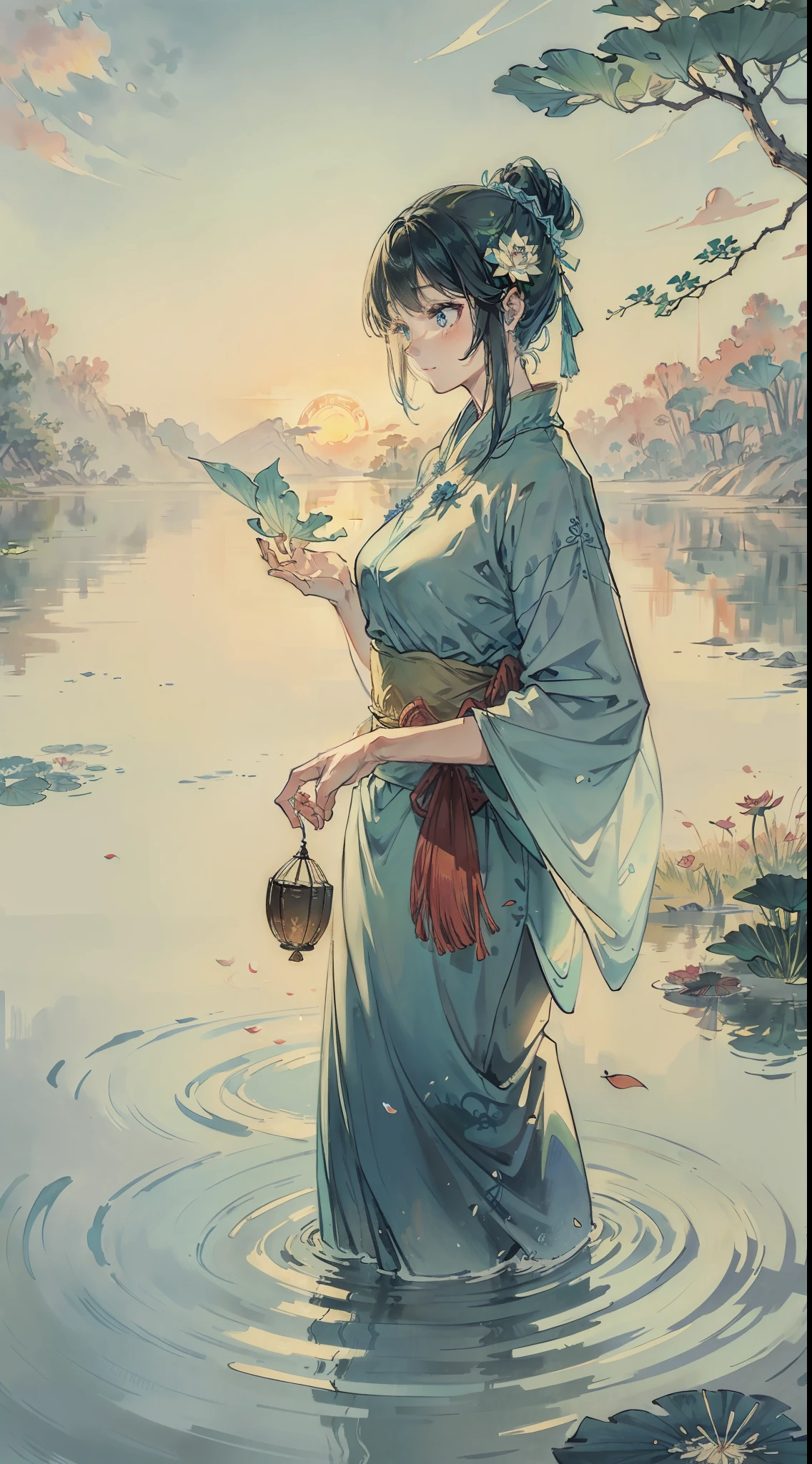 (zh-CN)
"In the maple forest by the lake, a beautiful woman (Qingxiu: 1.2 + beautiful: 1.2) stood on the bluestone bridge, holding a fresh aqua-blue flower in her hand, slowly sniffing. The shadows of poplar trees are mottled on her, the breeze blows, the green ping flips and flies, the lotus leaves like dragon scales sway, setting off layers of lotus fragrance, and the falling petals seem to be playing on the surface of the water with the breeze. The sky reflects the waves of the lake, and the sunset dyes the lake with an illusory rose. "