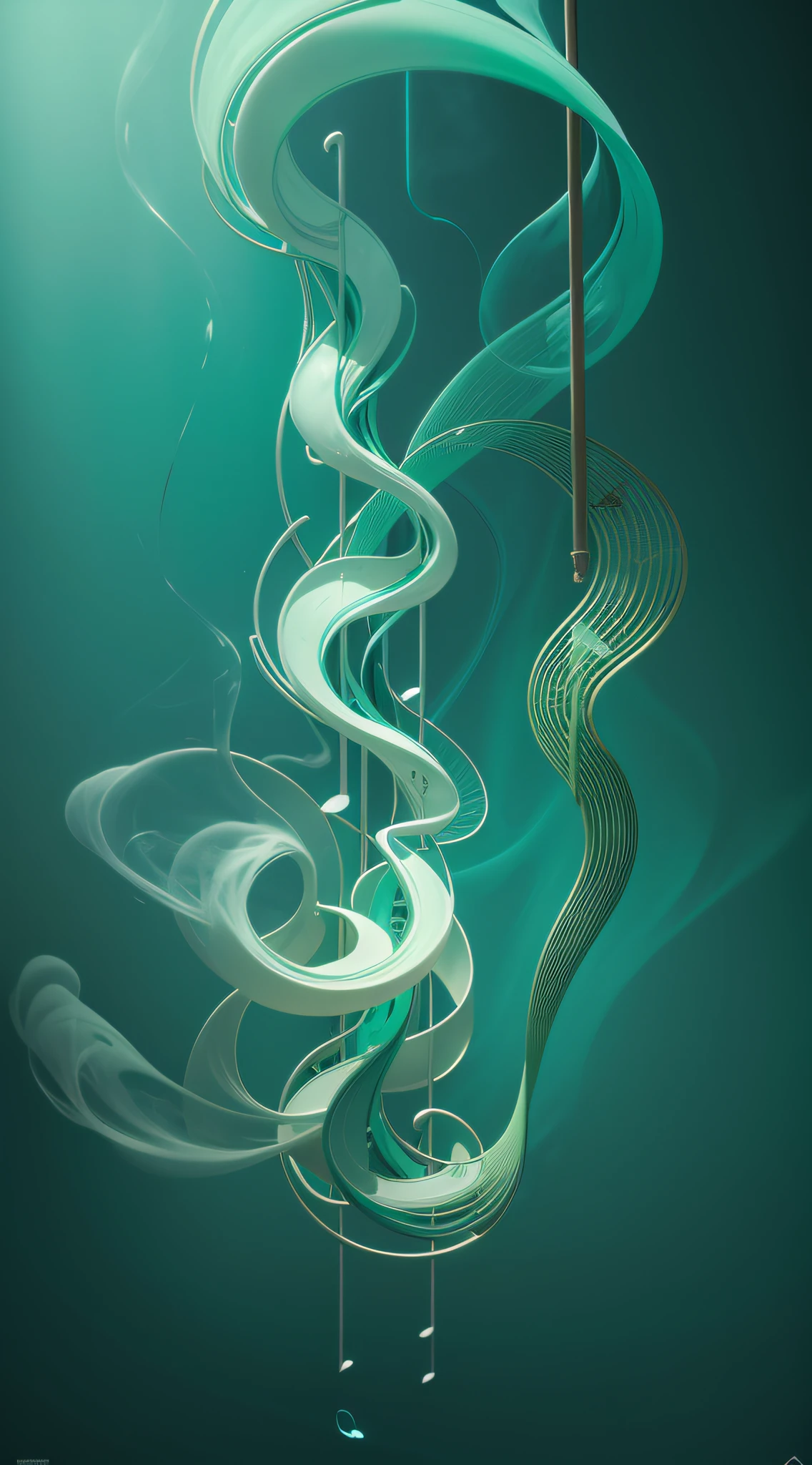 Pale green, cyan, warm, musical notes, smoke, lingering, drifting, ancient, mysterious, liquid, Bauhaus art, theatrical lighting, high resolution