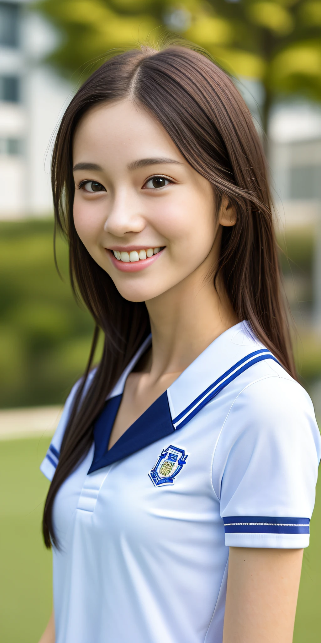 neat college girl, petite, (school uniform, summer clothes, short sleeves), outside the athletic field, (slim), photorealistic, detail, skin texture, ultra detail, delicate sexy collarbone, smile, super detailed face, detailed lips, detailed eyes, breast enhancement, waist thin