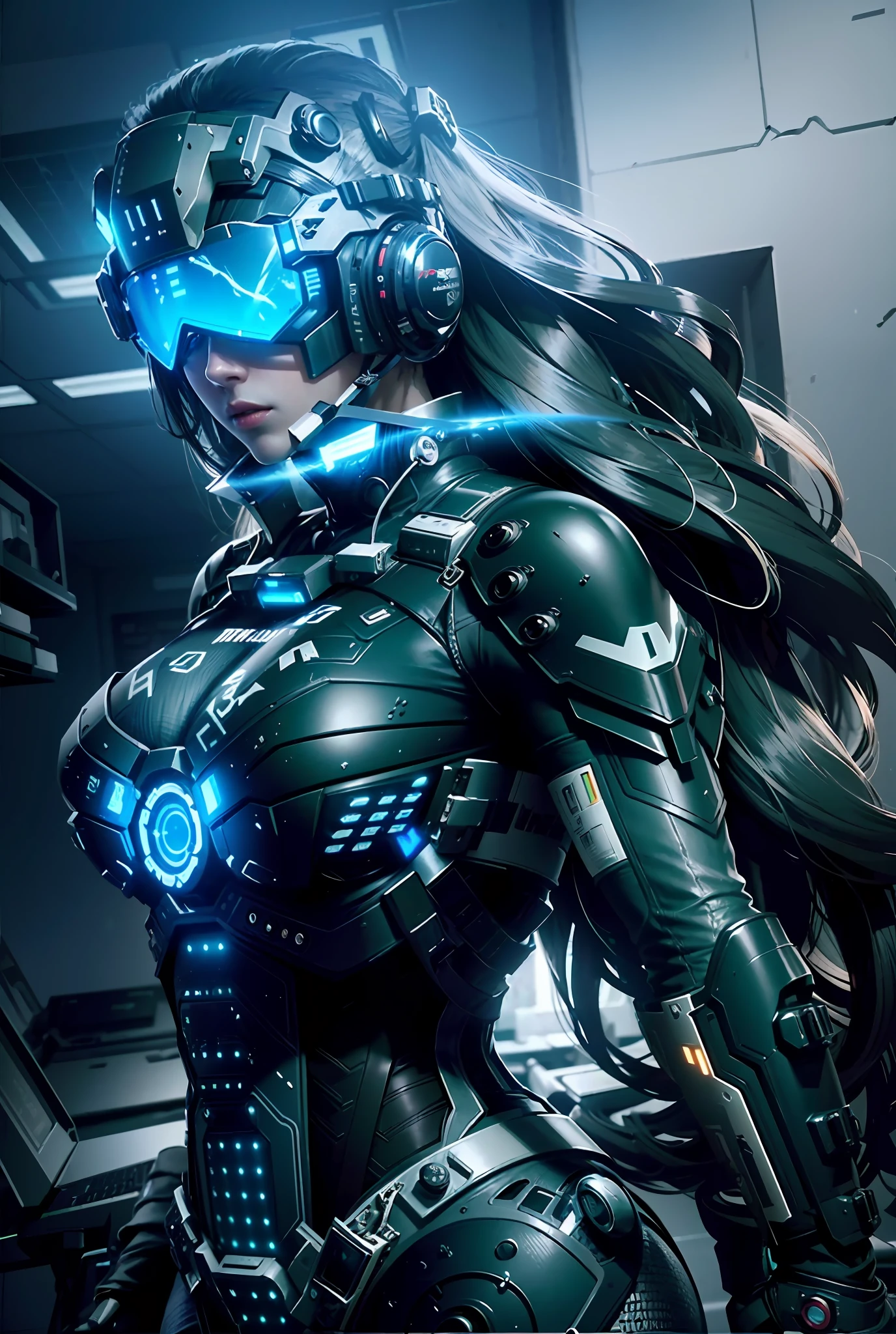 ((Best quality)), ((masterpiece)), (highly detailed:1.3), 3D,rfktr_technotrex, beautiful cyberpunk woman with voluminous hair,(wearing head-mounted display that is chunky and hi-tech:1.2),hacking a computer terminal,computer servers, LCD screens, fibre optic cables, corporate logos,HDR (High Dynamic Range),Ray Tracing,NVIDIA RTX,Super-Resolution,Unreal 5,Subsurface scattering,PBR Texturing,Post-processing,Anisotropic Filtering,Depth-of-field,Maximum clarity and sharpness,Multi-layered textures,Albedo and Specular maps,Surface shading,Accurate simulation of light-material interaction,Perfect proportions,Octane Render,Two-tone lighting,Low ISO,White balance,Rule of thirds,Wide aperature,8K RAW,Efficient Sub-Pixel,sub-pixel convolution,luminescent particles,light scattering,Tyndall effect
