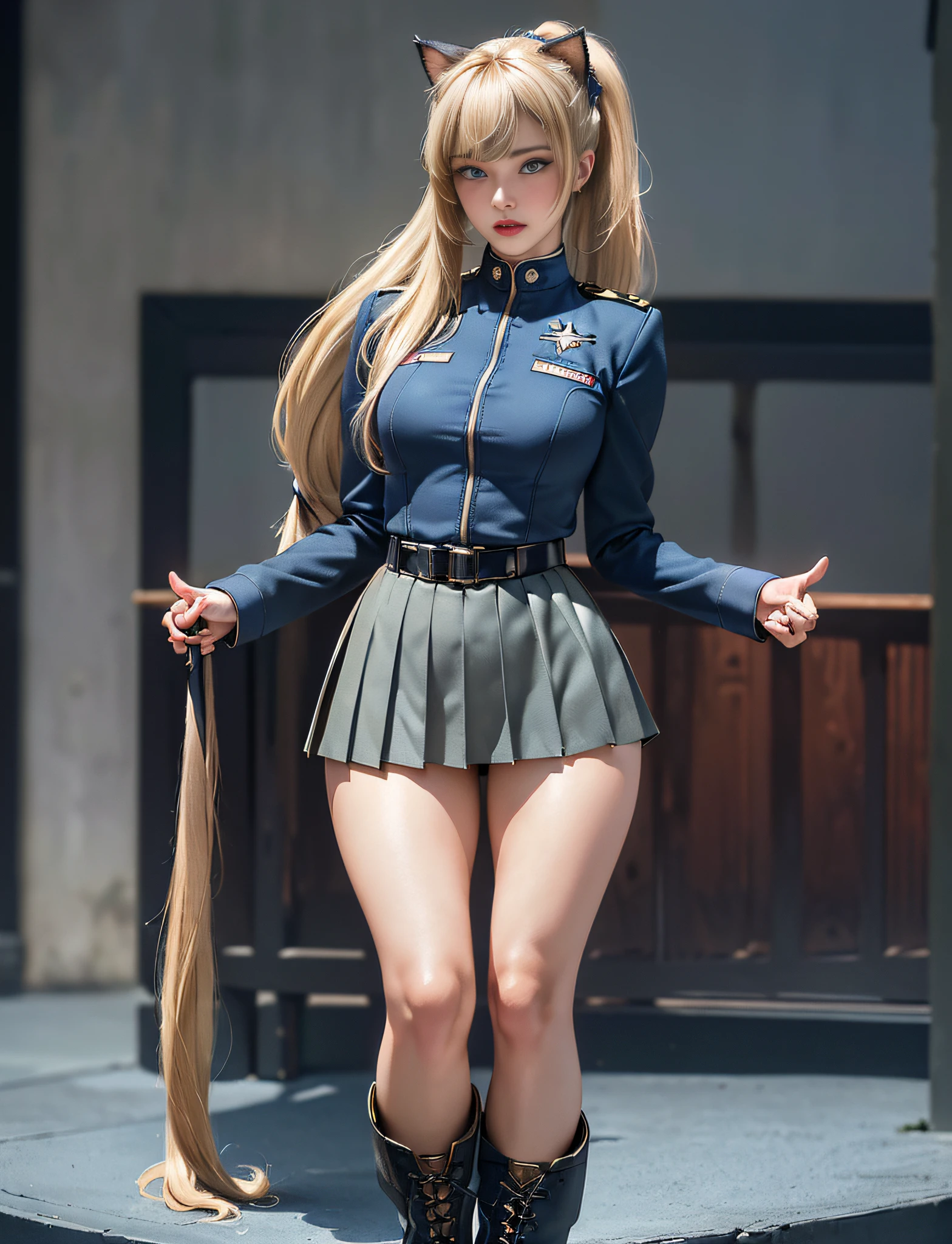 very detailed RAW color photo, (((1 girl))), (((alone))), (((29 years))), ((athletic)), ((very defined toned physique)), (((very detailed perfect body))), (((small and defined breasts))), (((ultra defined curves))), (((superior quality, 8k, masterpiece: 1.3)), sharp focus: 1.2, (((extremely beautiful girl with perfect figure: 1.4))), ((very thin waist: 1.2)), ultra detailed skin texture, ((smooth and soft skin)),  (ultra detailed fabric texture), extremely beautiful ultra detailed face, (((extremely beautiful))), intricate details, ultra detailed, (((girl wearing a tight military-type blazer with a pleated miniskirt))), ((((extra long straight blonde hair))), extremely beautiful, (((extra long ponytail with bangs))), ((very detailed and beautiful cat ears)), (hair on the face), ((hair ribbon)),  dynamic pose, ((uniform leaves thighs exposed)), ((ultra detailed legs)), (((ultra detailed waist))), (((very wide hips))), (((very thick thighs))), (sexy), (((extreme hourglass figure))), (((very thick heart lips))), (((red lipstick)), ((ultra detailed lips)), ((ultra detailed blue eyes)), ((angry look)), (((staring at the viewer))), ultra detailed provocative mouth, extremely beautiful seductive lips,  ((blush)), (makeup), (((ultra defined waist))), eye shadow, (full body shot), (military boots)