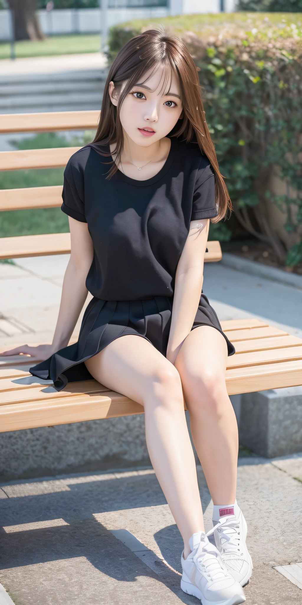 mix4, 20d, solo, long_hair, Nanase Nishino, Haruka Kaki, Miniskirt, Park, Bench, Sitting, (8K, RAW photography, best quality, masterpiece:1.2), (Realistic, Photorealistic:1.37), Professional Lighting, Photon mapping, Radiosity, Physically Based Rendering
