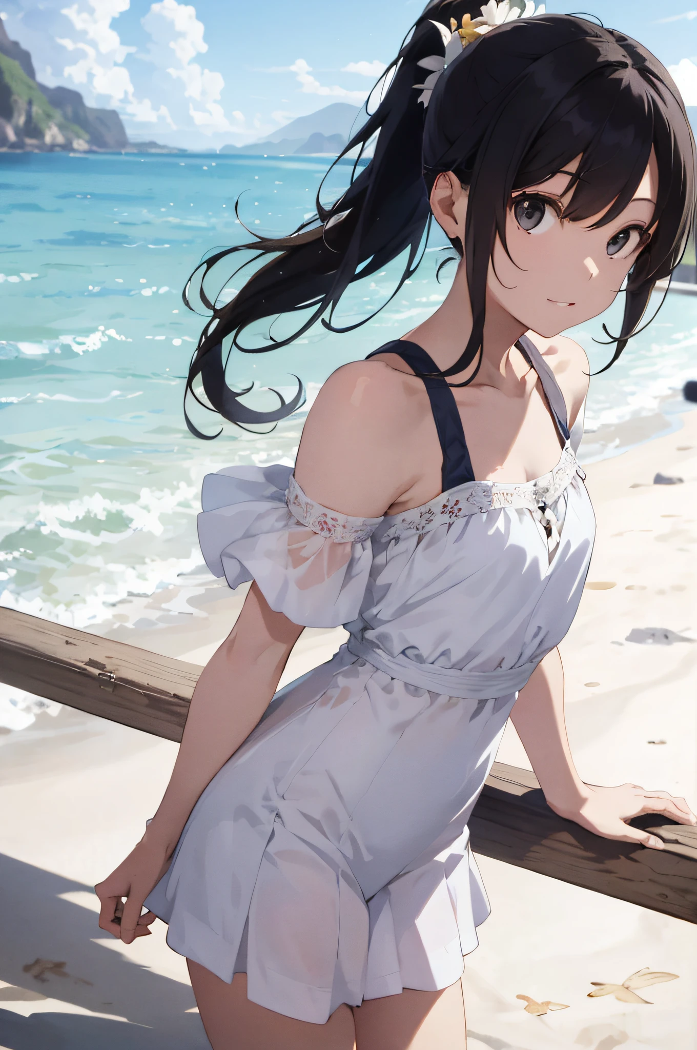 masterpiece, best quality, highres, lh1, hair flower, ponytail, white dress, bare shoulders, collarbone, short sleeves, beach, cowboy shot, arm behind back,