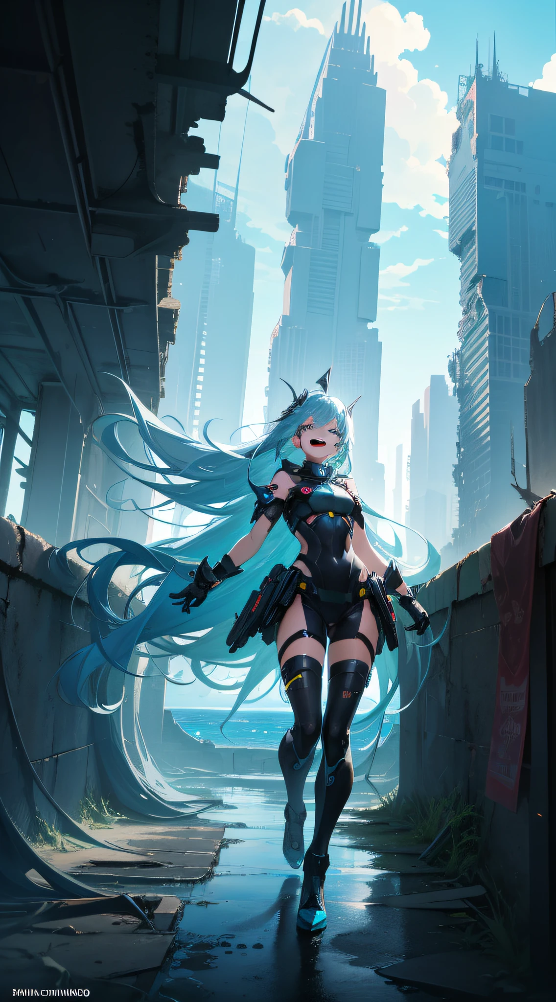ultra high quality, ultra detail, a laughing girl portrait, blue sky, big thunderhead, dazzling sunlight, futuristic city ruins, abandoned building county, submerged futuristic city in the background, sea horizon