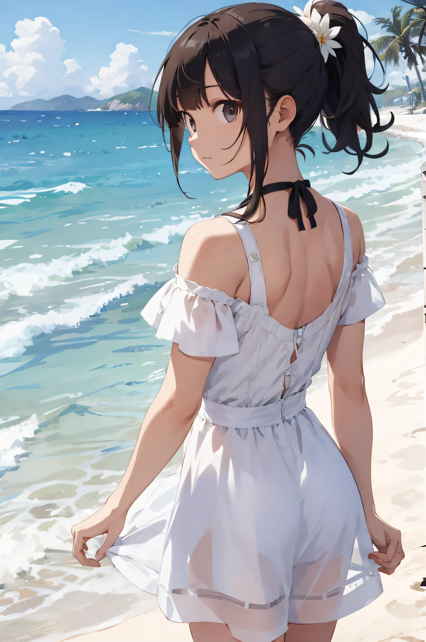 masterpiece, best quality, highres, lh1, hair flower, ponytail, white dress, bare shoulders, collarbone, short sleeves, beach, cowboy shot, arm behind back,