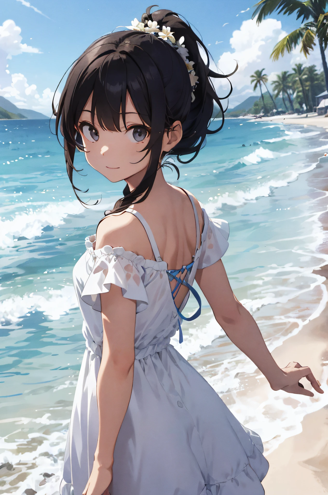 masterpiece, best quality, highres, lh1, hair flower, ponytail, white dress, bare shoulders, collarbone, short sleeves, beach, cowboy shot, arm behind back,