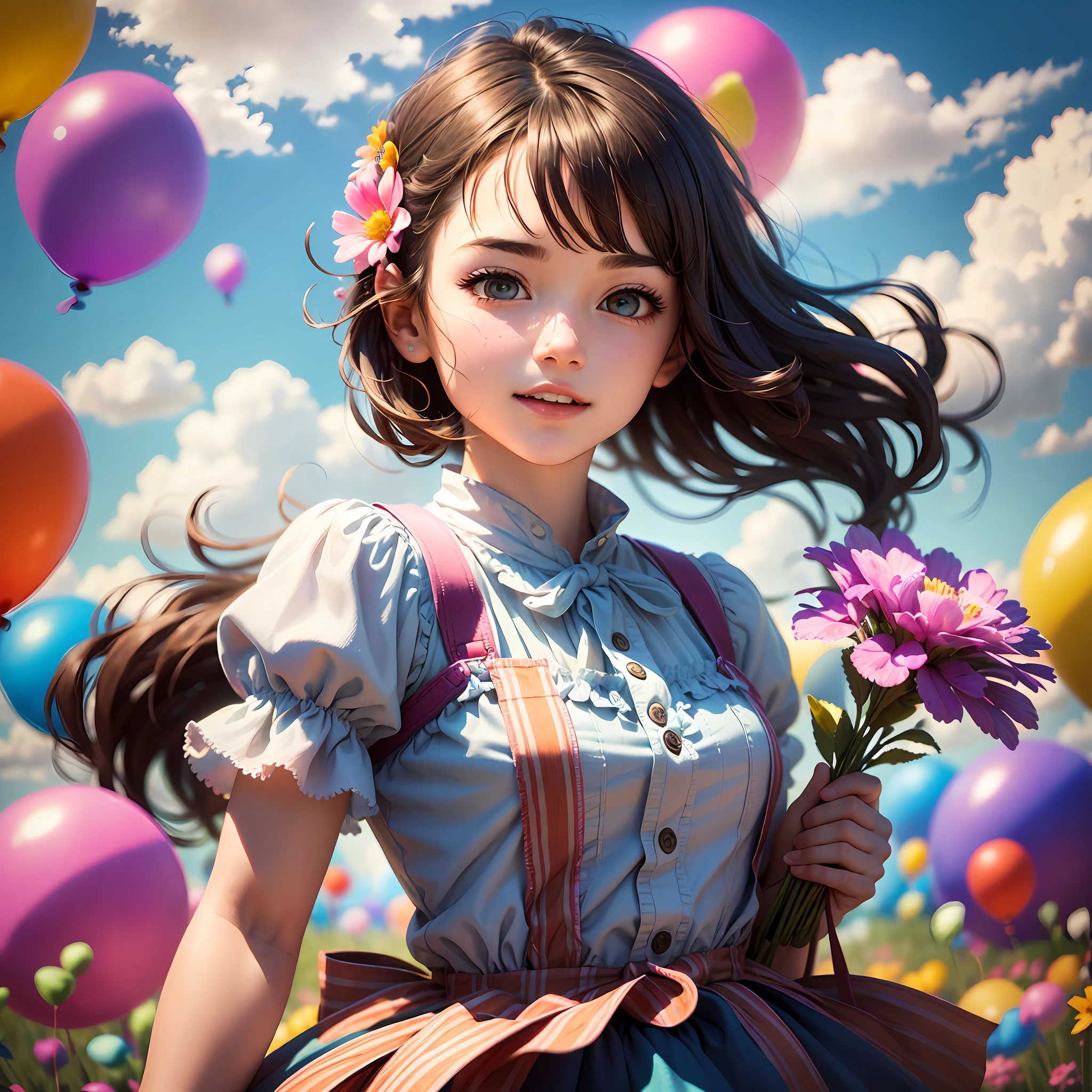 A girl holding flowers, colorful balloons floating in the sky, meadow, dancing, holding flowers, happy, happy, perfect quality, clear focus (clutter-home: 0.8), (masterpiece: 1.2) (Realistic: 1.2) (Bokeh) (Best quality) (Detailed skin: 1.3) (Intricate details) (8K) (Detail Eyes) (Sharp Focus), (Happy)