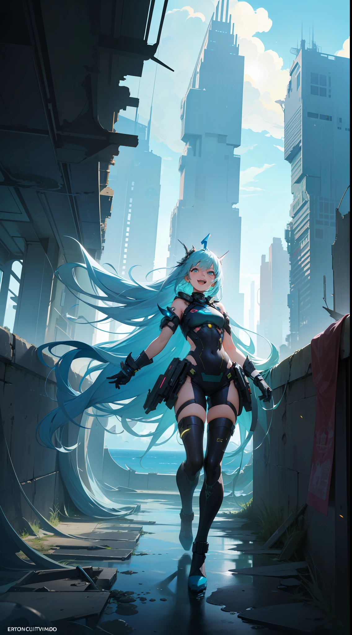 ultra high quality, ultra detail, a laughing girl portrait, blue sky, big thunderhead, dazzling sunlight, futuristic city ruins, abandoned building county, submerged futuristic city in the background, sea horizon