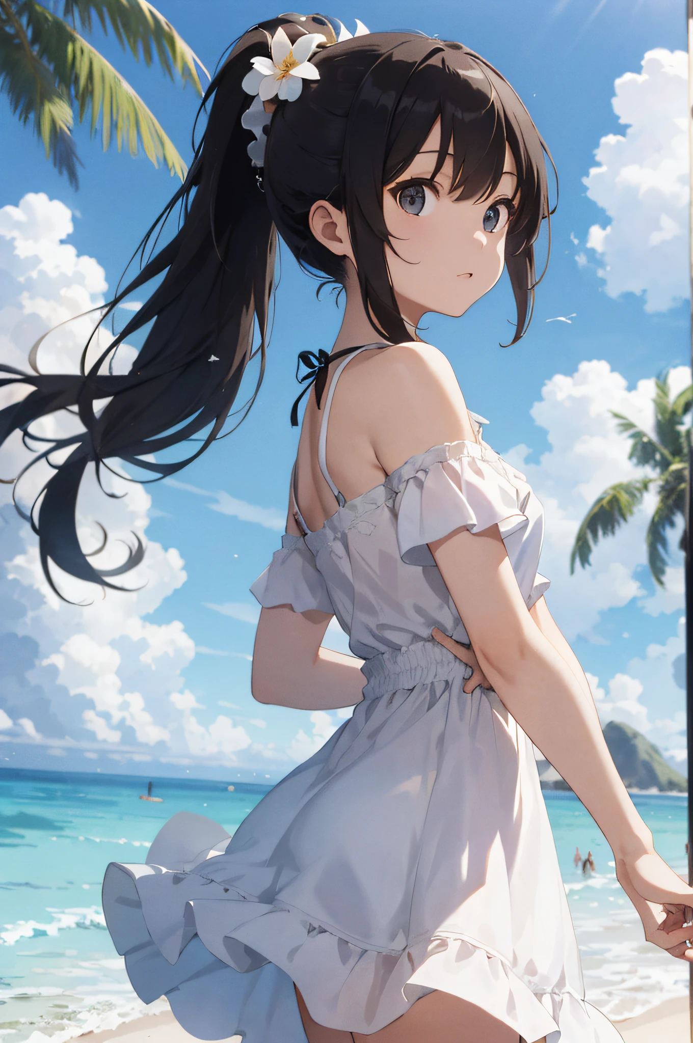 masterpiece, best quality, highres, lh1, hair flower, ponytail, white dress, bare shoulders, collarbone, short sleeves, beach, cowboy shot, arm behind back,