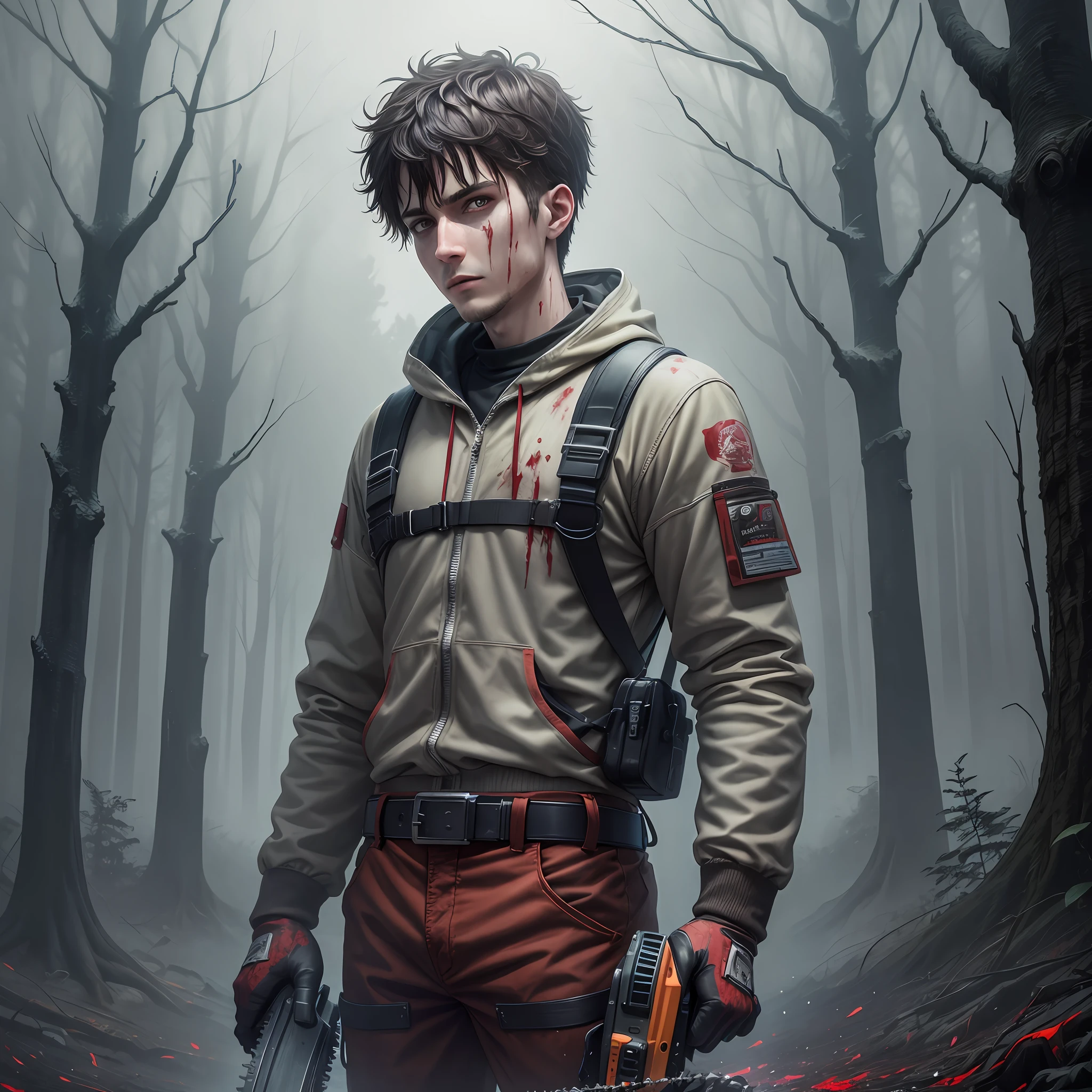 25 year old man with a chainsaw in hand, full of blood, haunted forest, dark, kinematic light --auto --s2