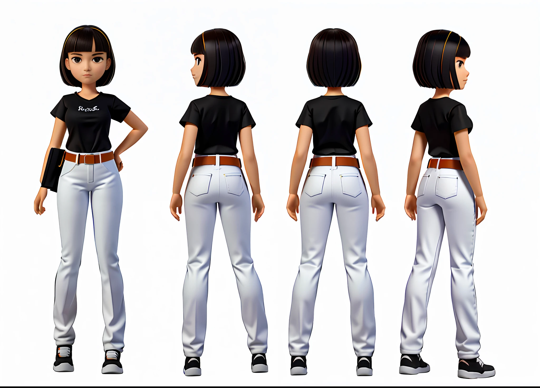 Cartoon young woman full body 3d drawing, small buttocks, slender thighs, straight hair, short hair, black hair, black eyes, gentle, standing, triple view, side view, back view, white t-shirt, brown belt and white pants, 3s material, concept art, T-word, reference table, pop mart blind box, pixar, wearing appropriate clothing, pants, intricate details, 3d rendering, blender, oc renderer, fol body reference sheet, dribble, high details, 8k, studio lighting