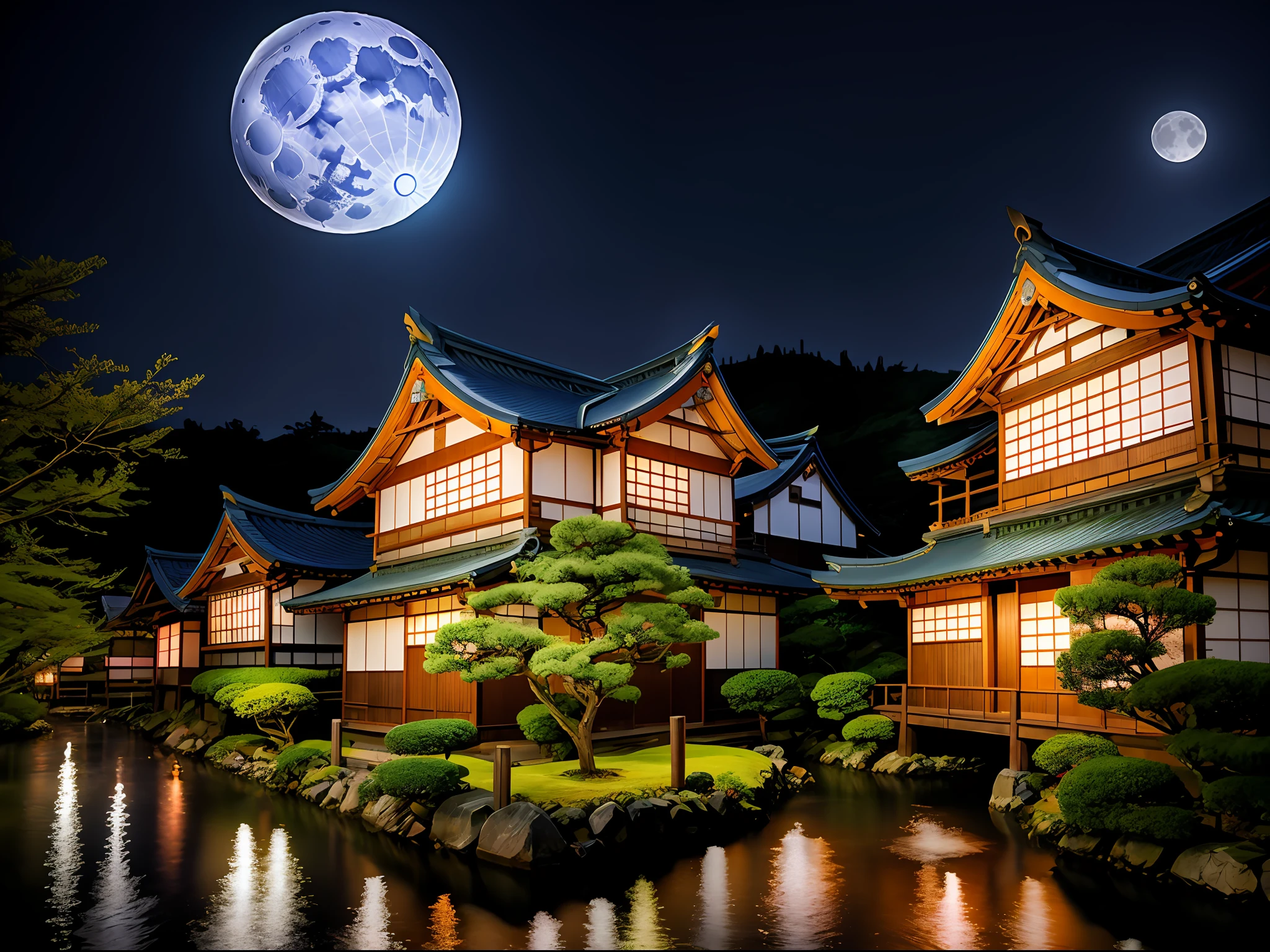 japanis village , fantasy , rain , night , blue full moon