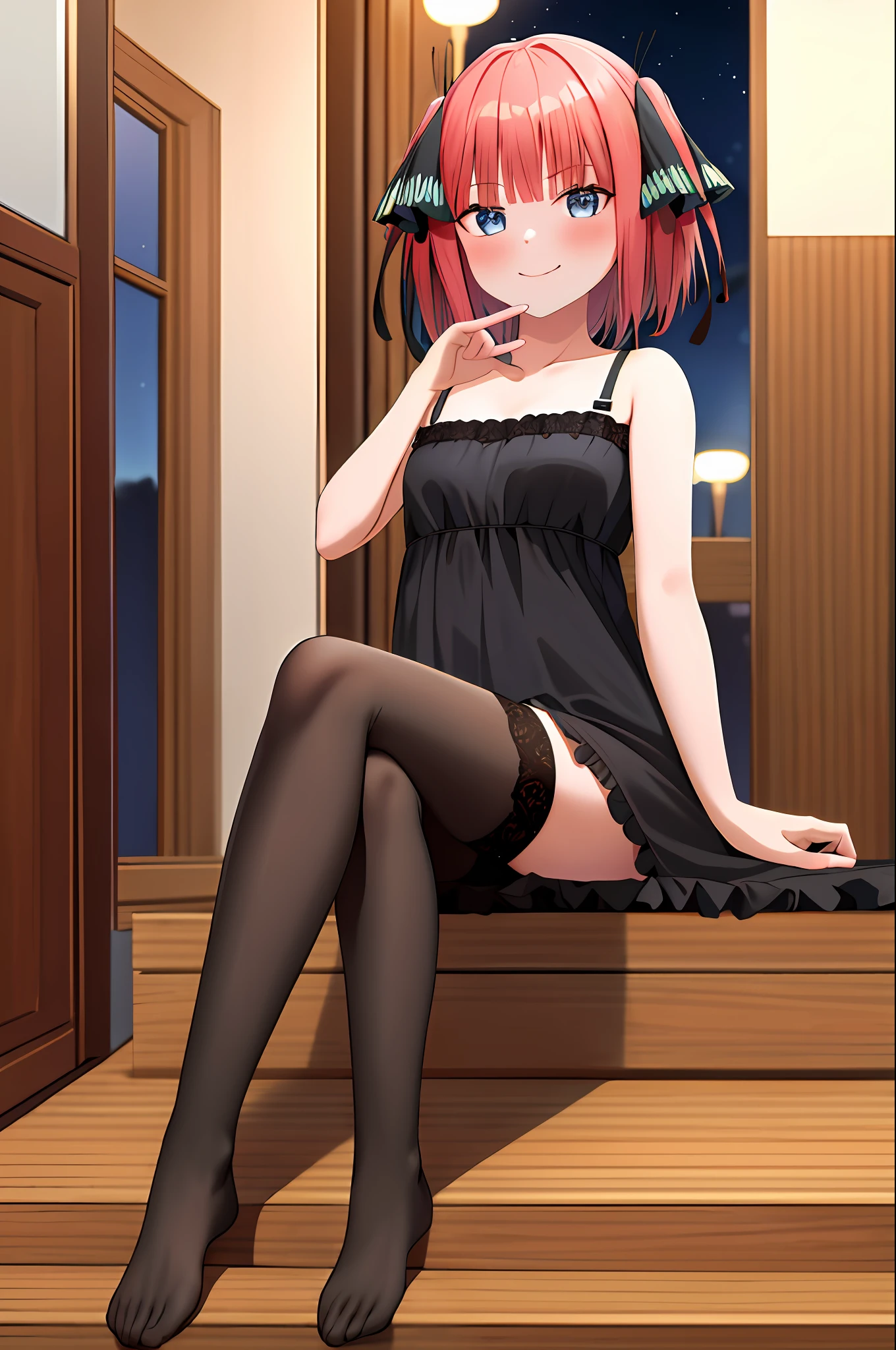 masterpiece, best quality, highres, nn1,1girl, hair ribbon, short hair, sitting, indoors, night dress, legs, black stocking, looking into viewer, smile, blush ceek, sexy pose, hands behind,