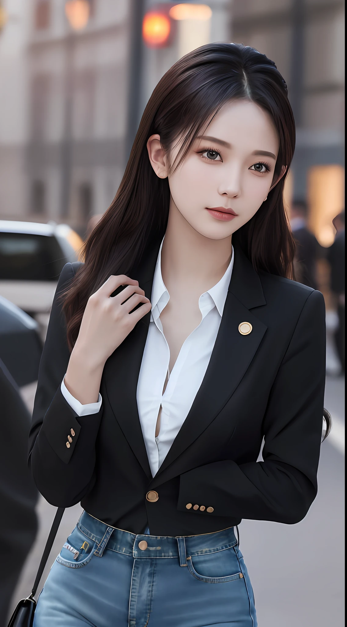 best quality, masterpiece, 1 girl, beautiful face, (photo photo:1.3), edge lighting, (high detail skin:1.2), 8k ultra hd, dslr camera, high quality, high resolution, 4k, 8k, bokeh, absurd, best ratio four fingers and one thumb, (realistic:1.3), cute 1girl, wearing black formal blazer, medium breasts, skinny jeans,