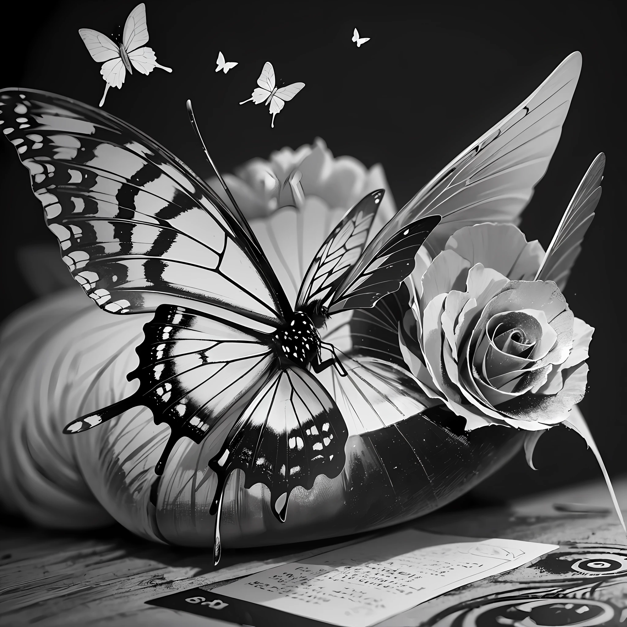 ((high quality)), ((masterpiece)), 8k, flower, monochrome writing, digital art, roses, butterflies, black background --auto --s2