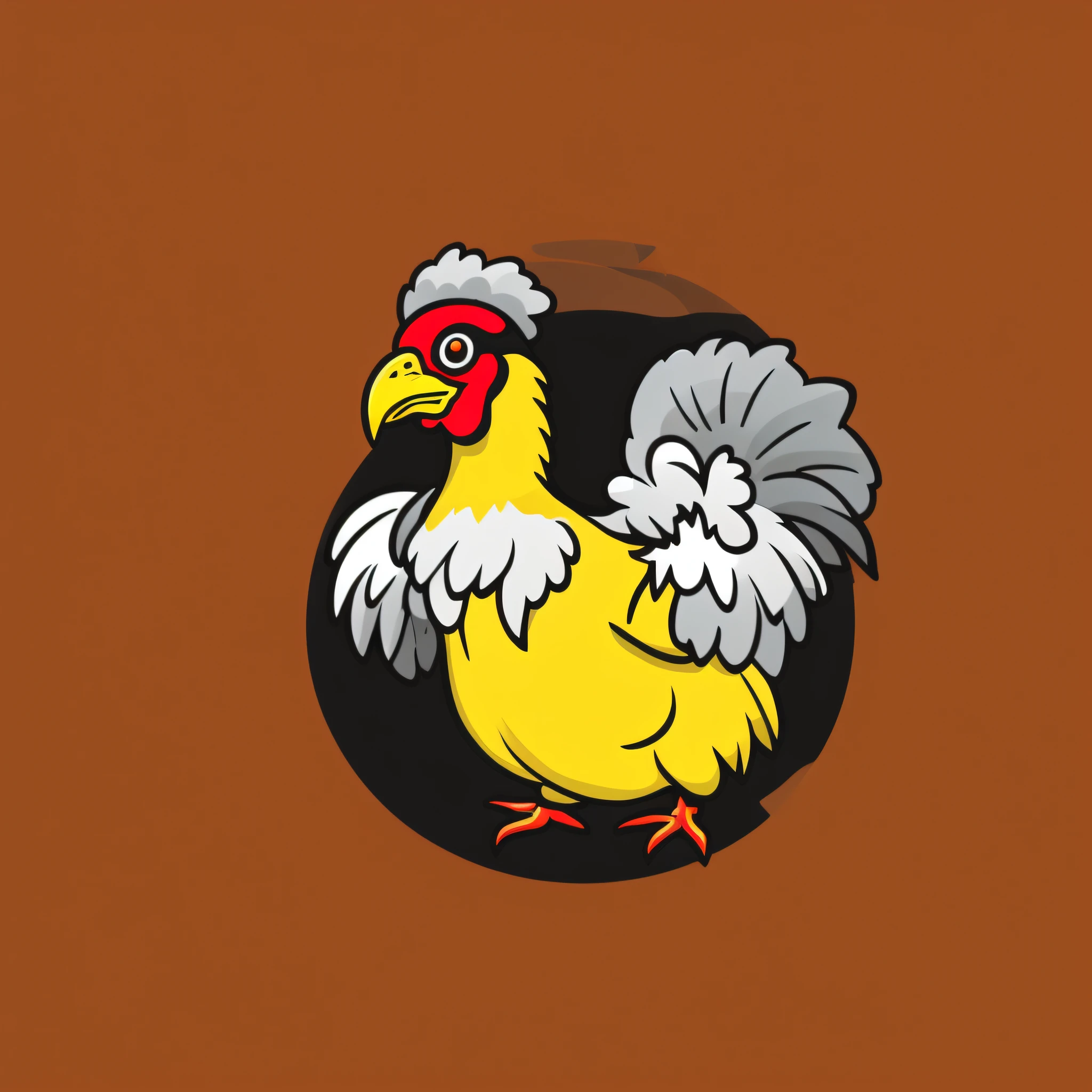 a single chicken alone,just two legs,bird,animal, image with black border, flat cartoon style, logo style,2D --niji --v 5, vector, neutral background, adhesive, centered, symmetrical, good anatomy, whole body, full body, body inside a circle, perfect body, perfect, symmetrical, sticker, detailed, one head, no deformations