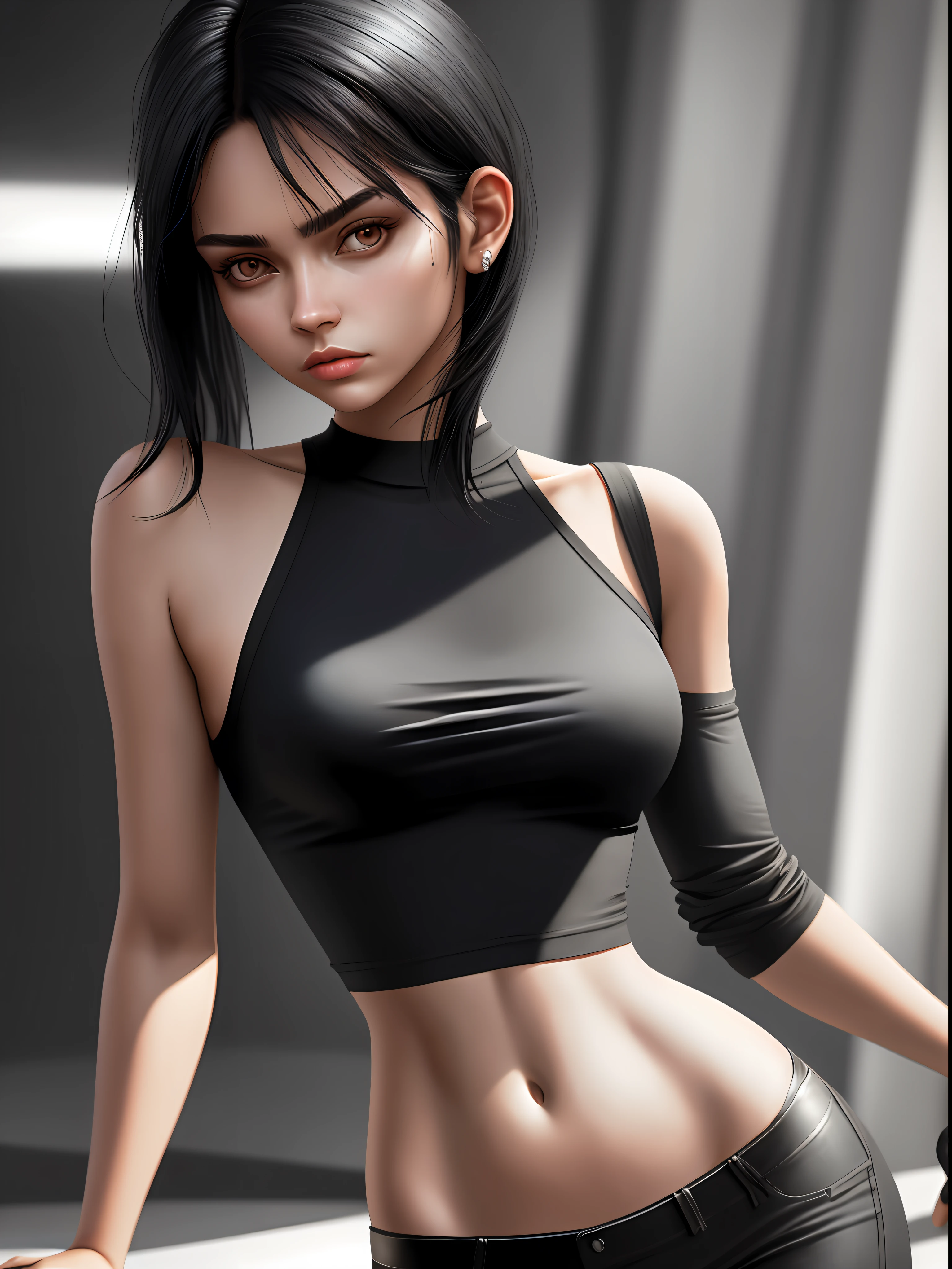 Body top, extremely detailed clothing, black hair, medium-breasted girls, thin shirt, bare shoulders, (((photorealism))), cyber realism, 16k, (1girl)