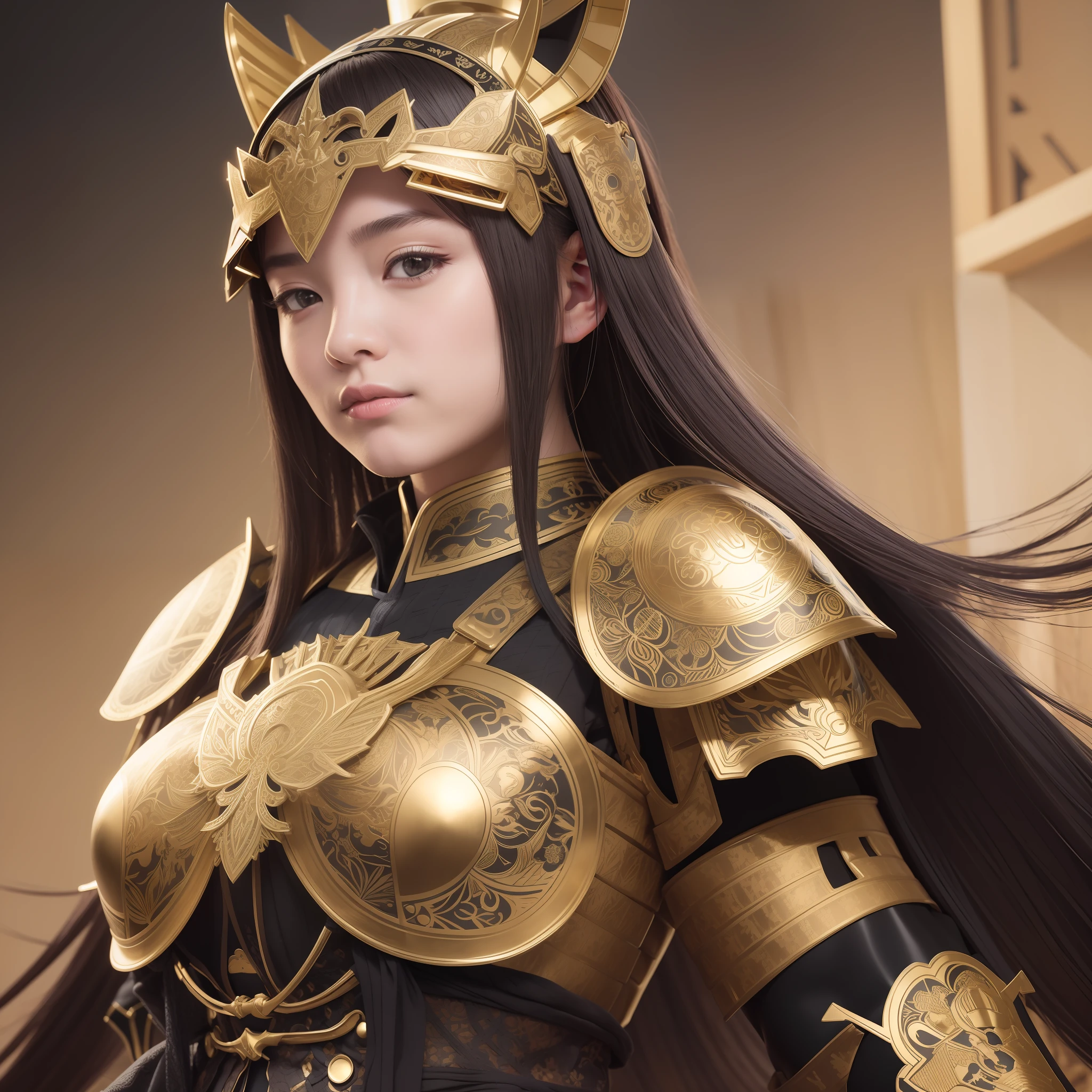 1 girl with helmet and armor on a black background, black and golden armor, black and gold armor, detailed intricate ornate armour, samurai armor, dressed in samurai armour, intricate golden armor, intricate detailed armour, golden armour, chinese armor, heavy gold obsidian armor, cyber japan samurai armor, intricate medieval armour, golden armor, intricate baroque armour, vador, full body,big breasts