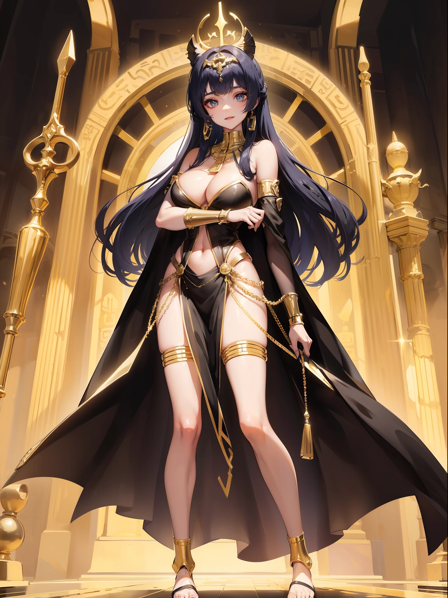 ((Full body photo,standing, feet on the ground)), Saria has large breasts, emo on her head, black color with golden parts/futuristic Egyptian costume, Egyptian necklace on her neck, extremely tight on her body, she is inside a pyramid in front of an altar with a giant statuette of pure gold, she has purple hair, blue eyes,  is with closed hands, holding a pure gold scepter,is looking at the viewer, smiling, face with red cheek, light makeup on face, Futurism, 16k, UHD, retina, masterpiece, ccurate, anatomically correct, best quality, high quality, textured skin