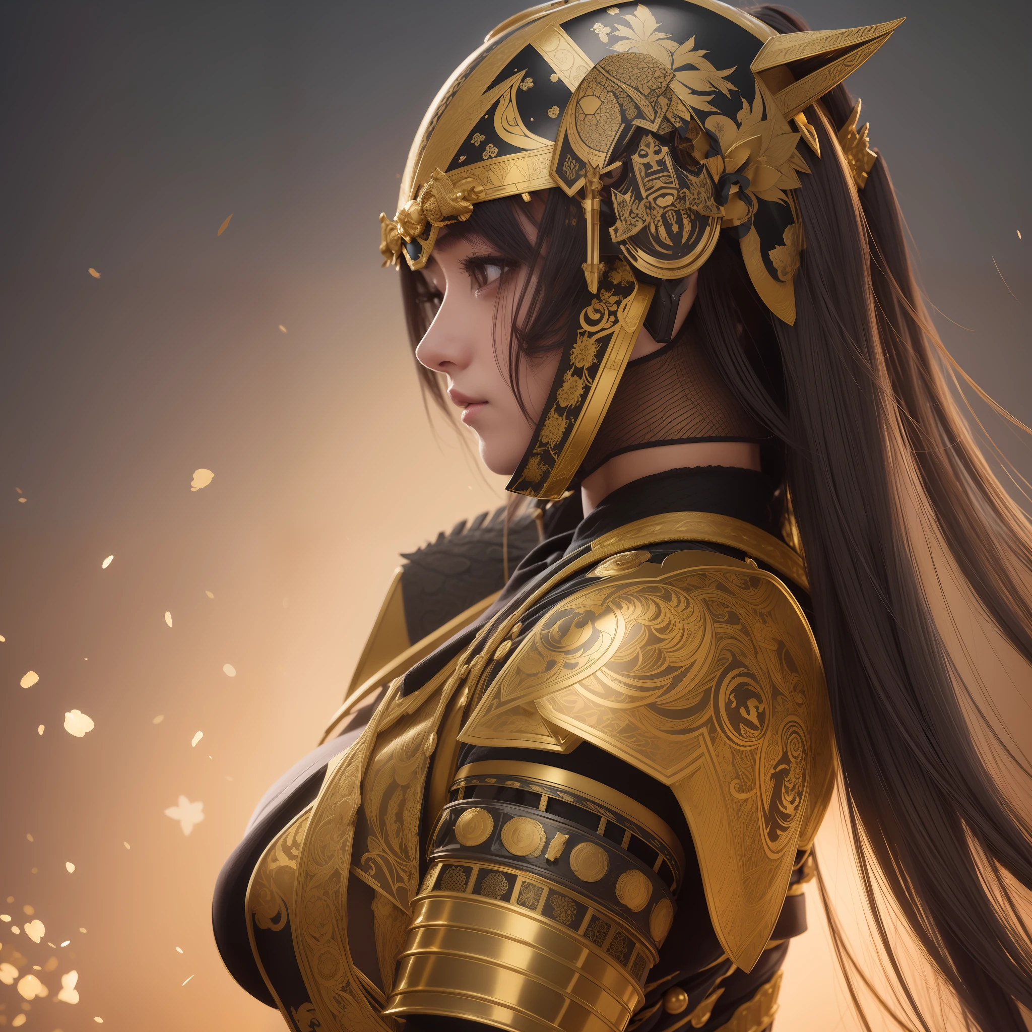 1 girl with helmet and armor on a black background, black and golden armor, black and gold armor, detailed intricate ornate armour, samurai armor, dressed in samurai armour, intricate golden armor, intricate detailed armour, golden armour, chinese armor, heavy gold obsidian armor, cyber japan samurai armor, intricate medieval armour, golden armor, intricate baroque armour, vador, full body,big breasts