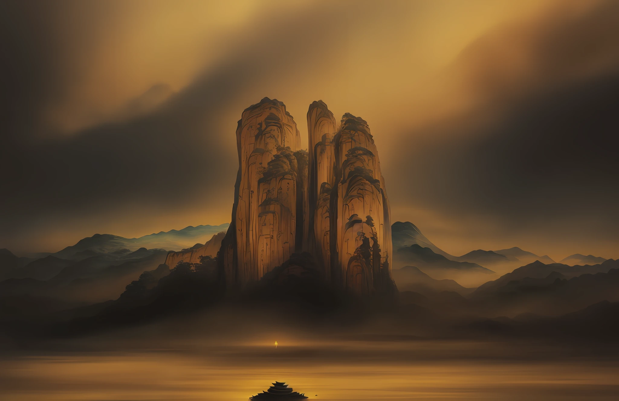Ancient Chinese landscape, beautiful mountains and waters, auspicious clouds lingering above the picture, inspired by Jin Yong martial arts, sunshine, ink painting style, clean colors, decisive cutting, white space, freehand, masterpiece, super detailed, epic composition, high quality, highest quality, Pixar style, supersaturated, surreal, sand, black background, atmospheric, gorgeous poster, brush strokes, Chinese painting, outdoors, luminous particles, forest, (firefly) artgerm --v 6
