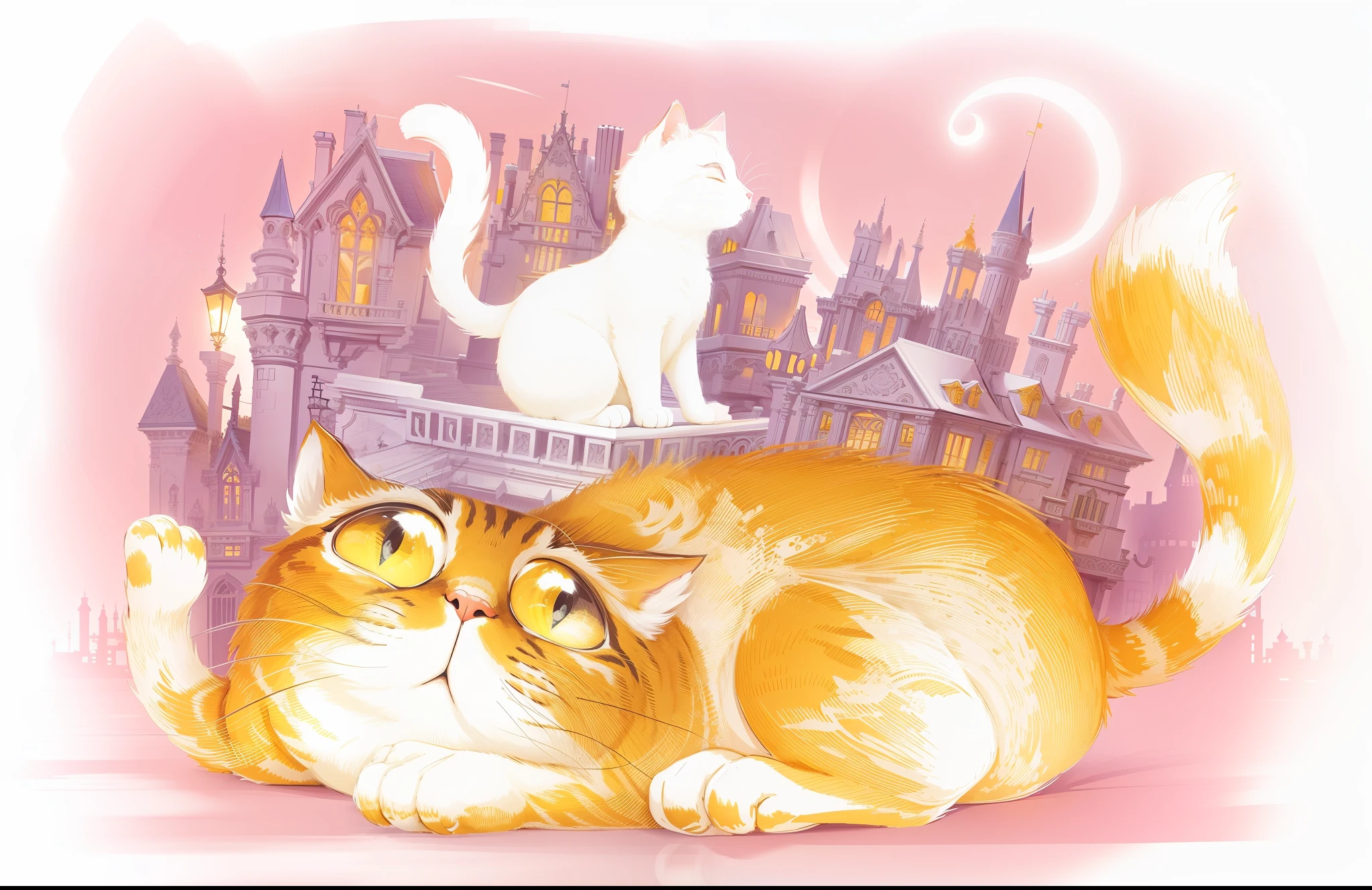 A huge orange cat, very fat cat, right paw raised, European architecture in the background, windows lit, a white cat night view, fantasy, Disney style, cute, illustration, soft lighting, HD, 8K, perfect limb structure,