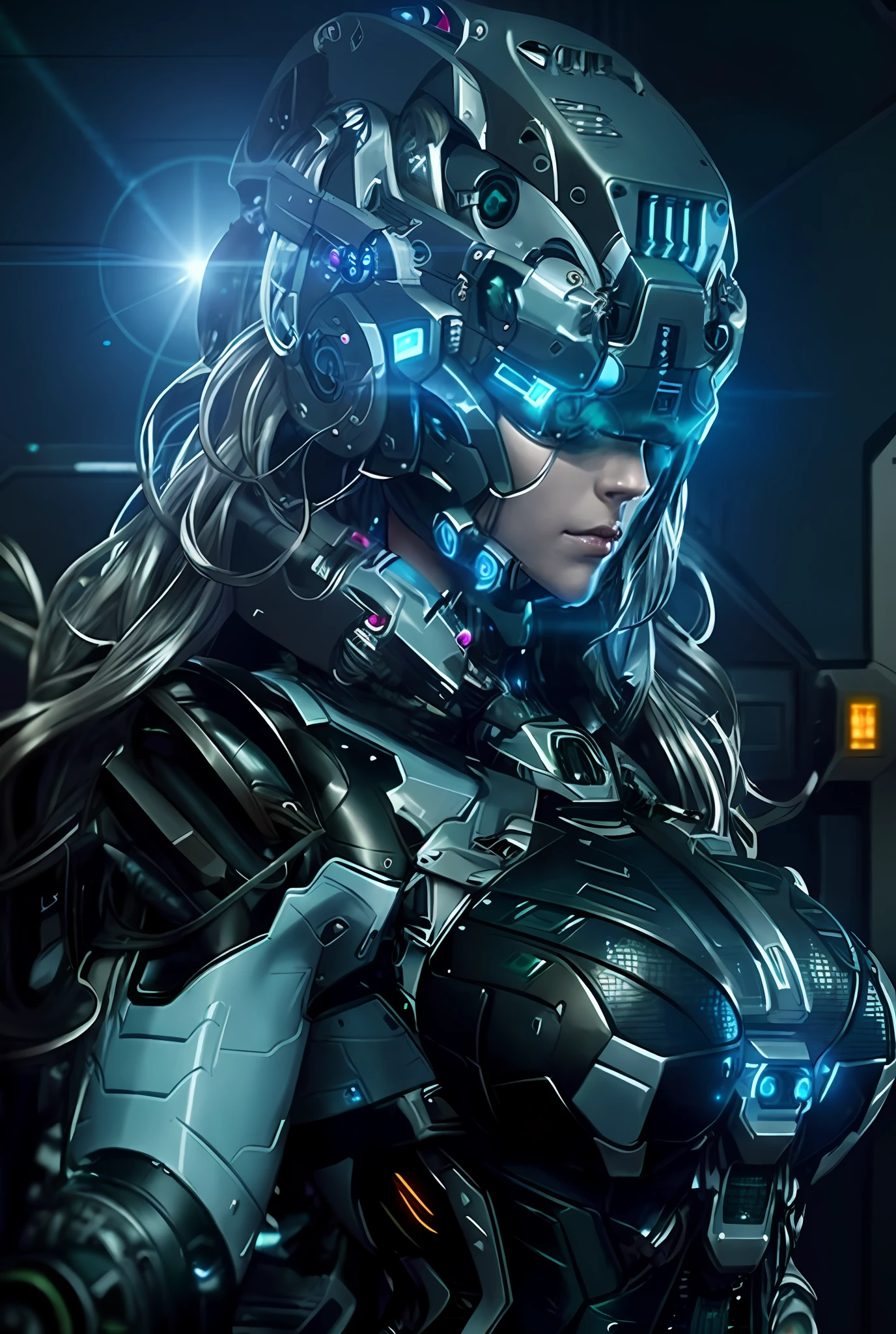 a close up of a woman in a futuristic suit with a light on, cyborg girl, cyborg - girl, [ trending on cgsociety ]!!, girl in mecha cyber armor, cyborg woman, female cyborg, trending in cgsociety, cyber suit, beutiful girl cyborg, perfect cyborg female, trending on cgsociety, portrait of a cyborg queen, scifi woman