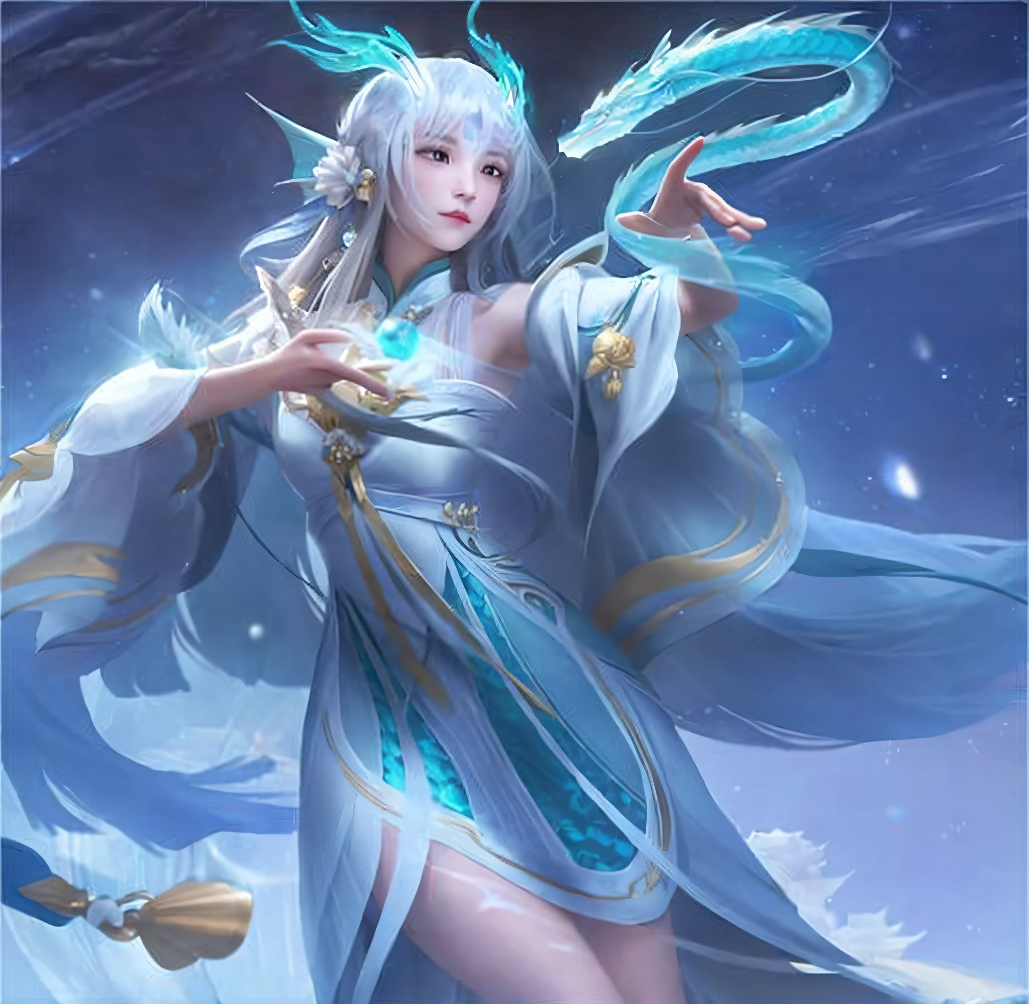 Woman in blue dress holding blue and white dragon, beautiful celestial mage, sea queen Mu Yanling, black jade, white haired god, ice witch, dragon, full body fairy, fairy fantasy, flowing magic robe, cloud spirit, inspired by Lan Ying, fairy hero, inspired by Ju Lian, (front focus), fantasy art, photo realism, dynamic lighting, artstation, poster, volumetric lighting, very detailed faces, 4 k, award, 1girl, deep shadow, low key, cowboy shot, long hair, gray hair