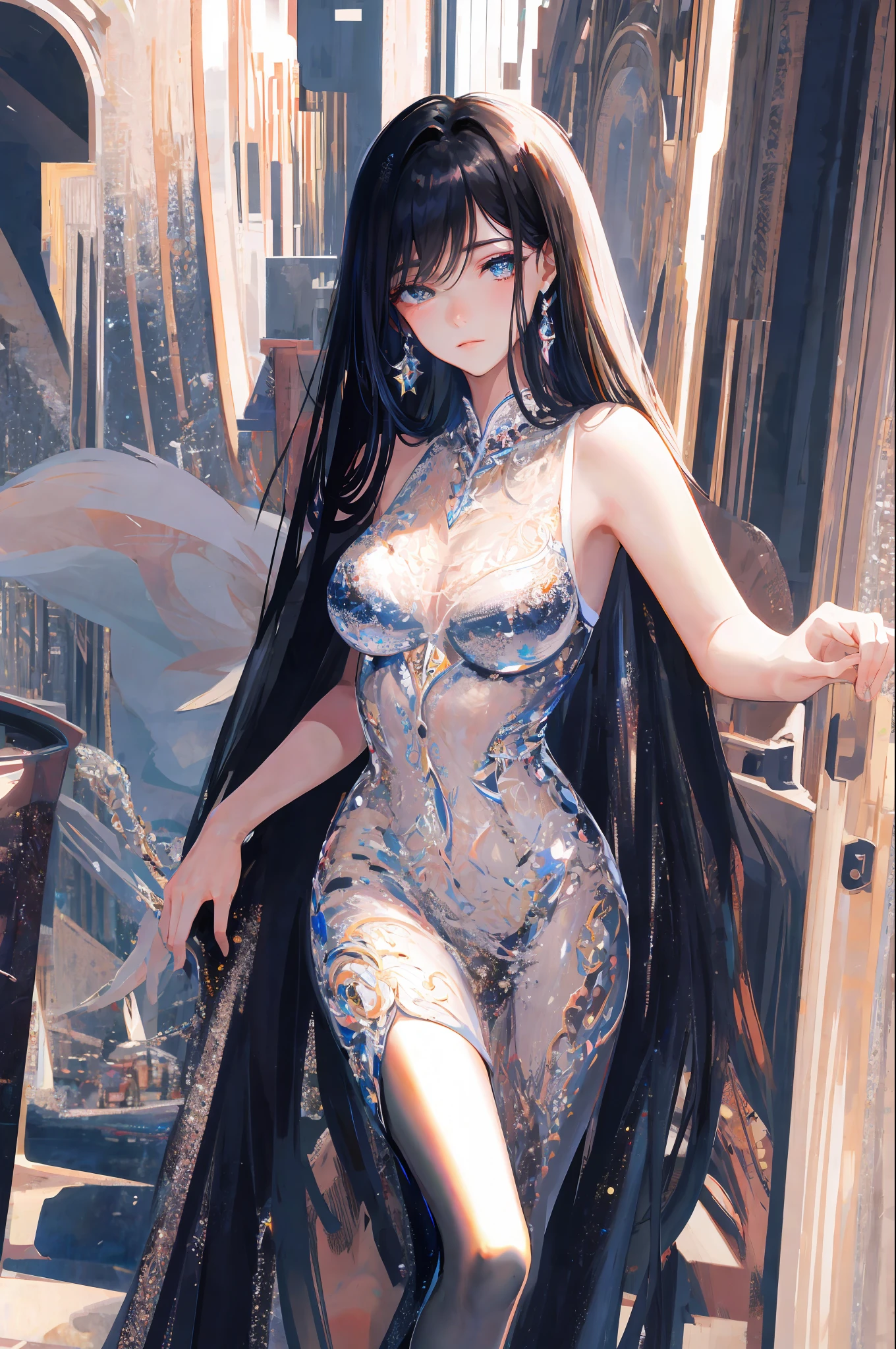 ((Masterpiece, Superb Quality, Super Delicate, High Resolution)), Pretty Girl, Sparkling Eyes, 15 years old, Black and White Gold theme, by wlop