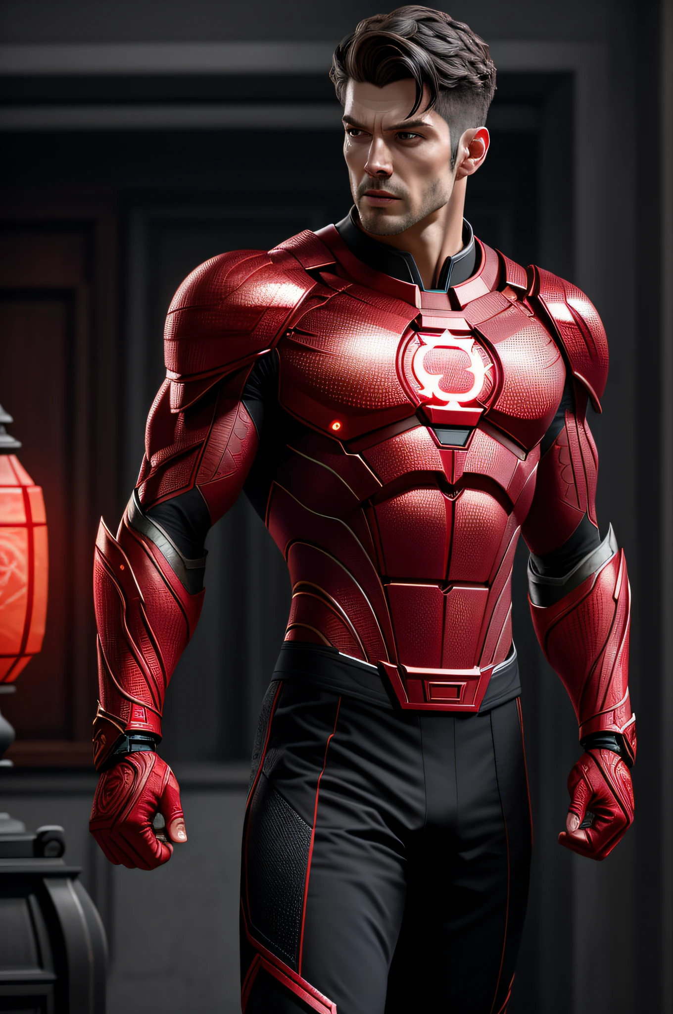 (8k, RAW photo, best quality, masterpiece:1.2), ultra detailed, official art, photo-realistic:1.37, upper body shot, DC Red Lantern, film grain, action pose